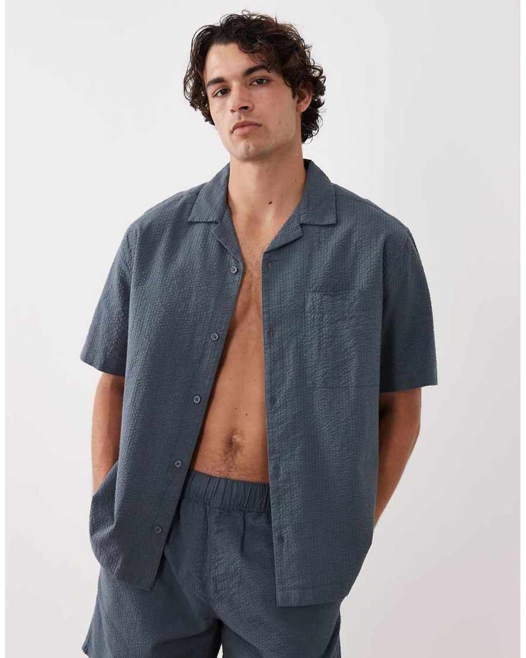 ASOS Blue Co-Ord Relaxed Revere Seersucker Shirt for men