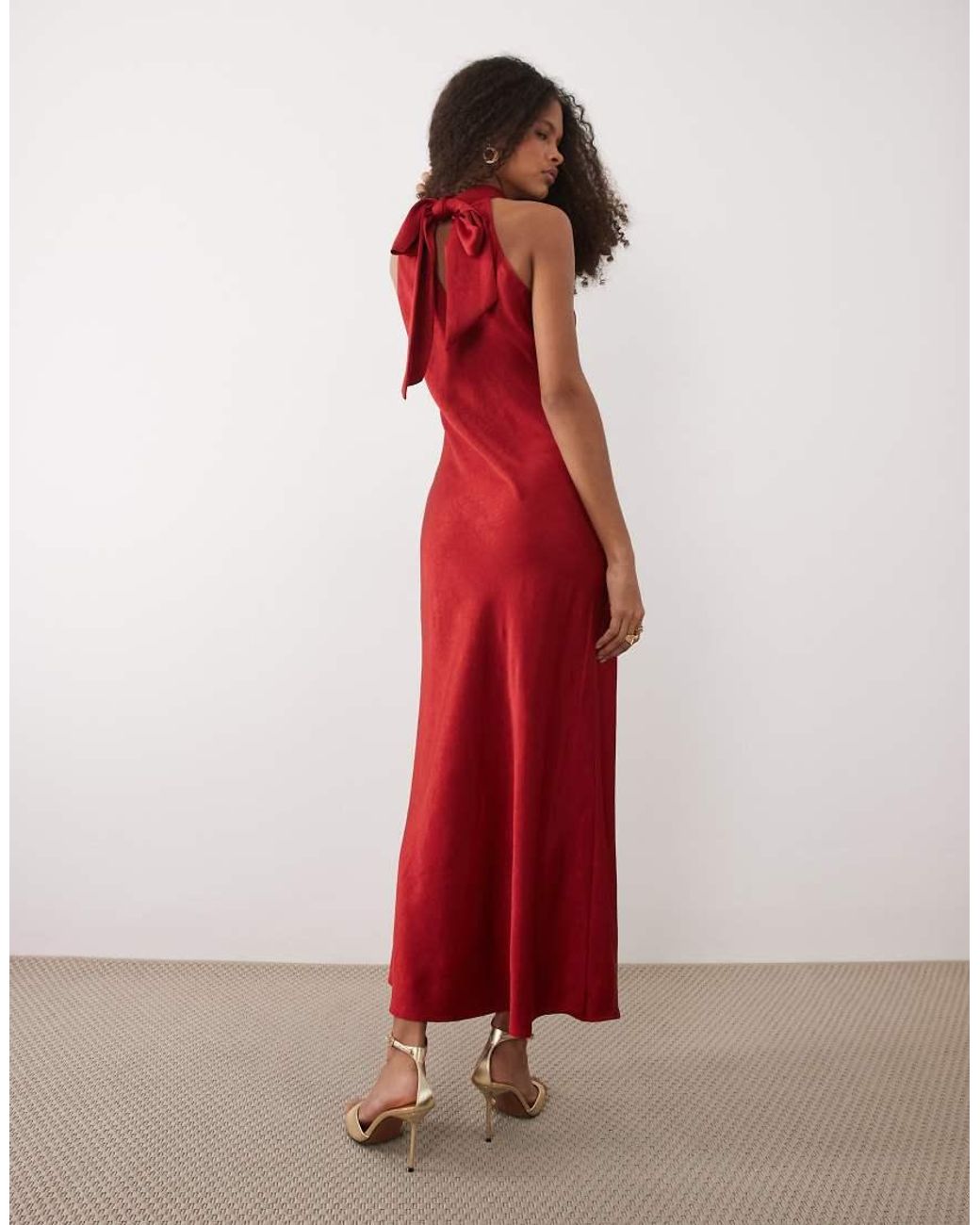 Mango Red Halterneck Satin Maxi Dress With Tie Back