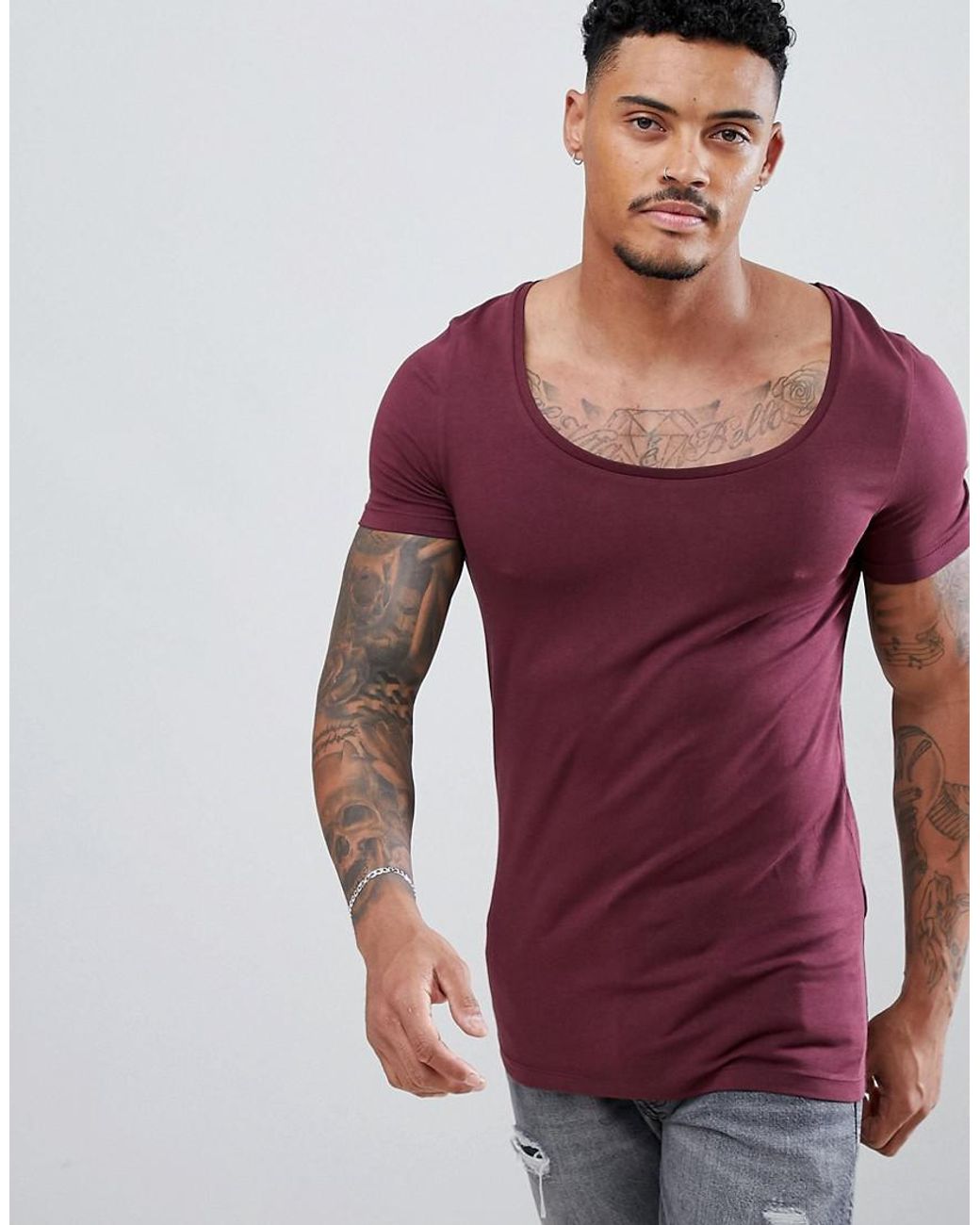 Asos T Shirt With Deep Scoop Neck In Red For Men Lyst Uk