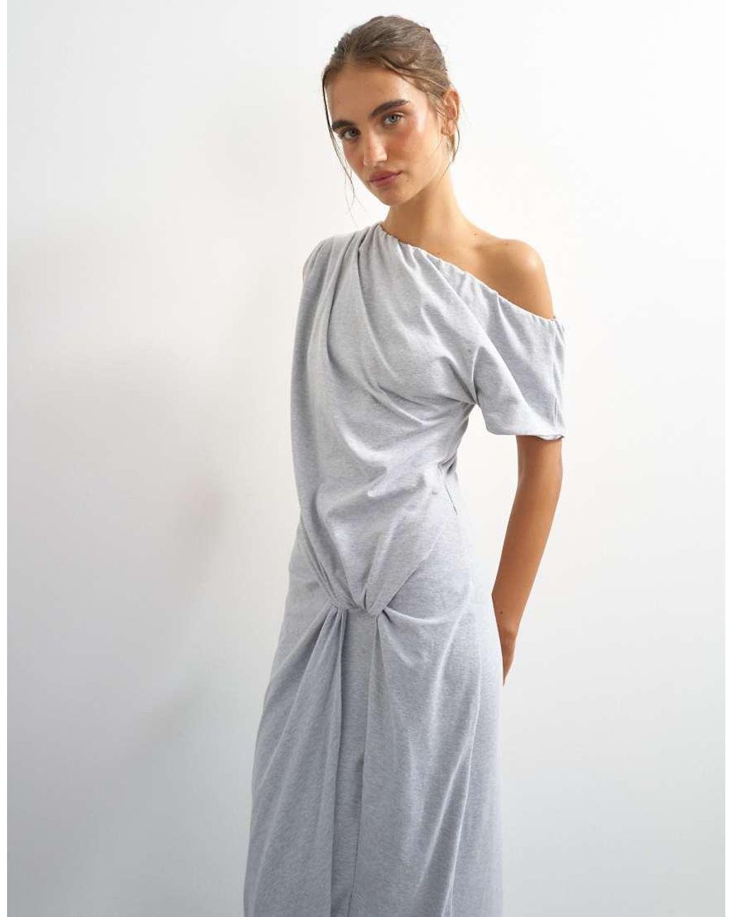 TOPSHOP White Premium Cotton Rich Jersey Draped Asymmetric Maxi Dress