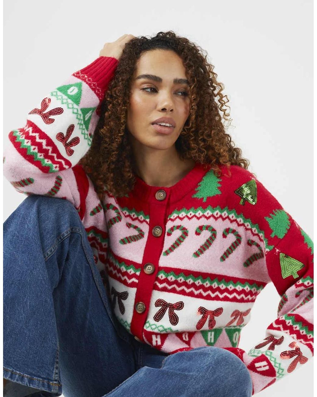 Brave Soul Red Festive Jacquard Knit Christmas Cardigan