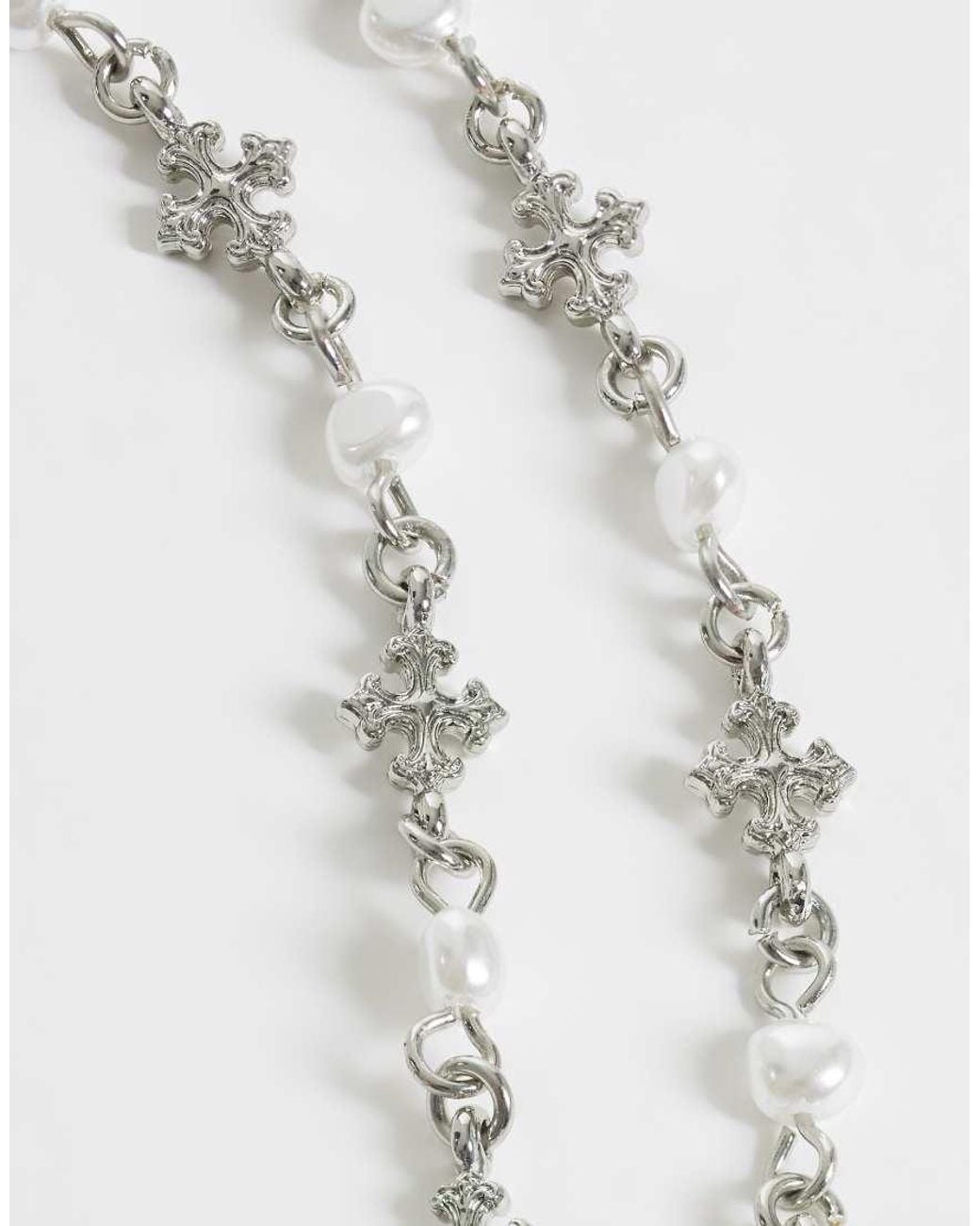 ASOS Metallic 2 Pack Pearl And Cross Chain Bracelet for men