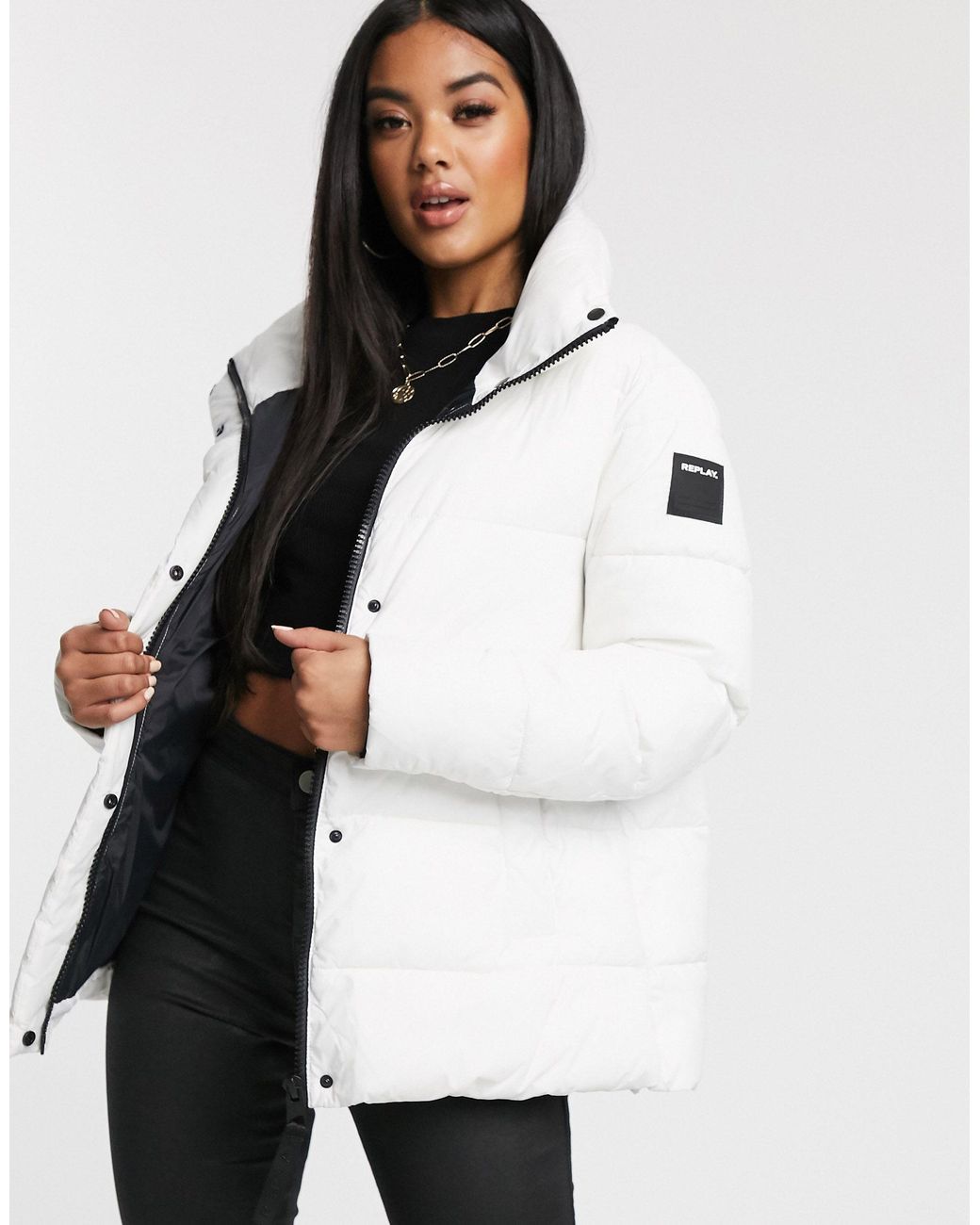 Replay Puffer Jacket A Line With Logo Print On Back in White | Lyst  Australia