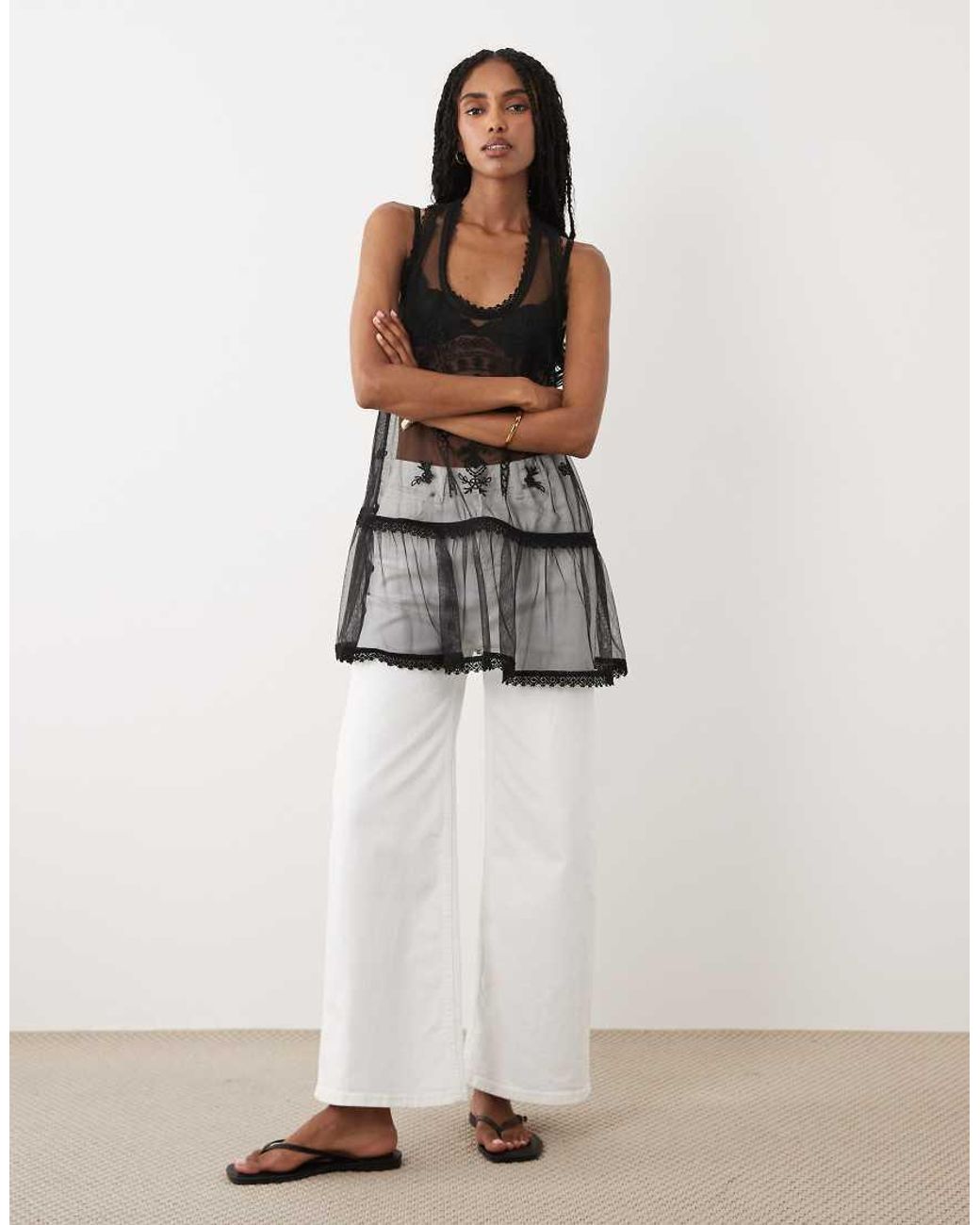 Miss Selfridge Black Embroidered Mesh Cami Top