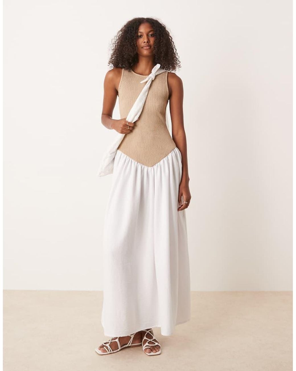 ASOS Natural Racer Rib Bodice With Hybrid Skirt Maxi Dress