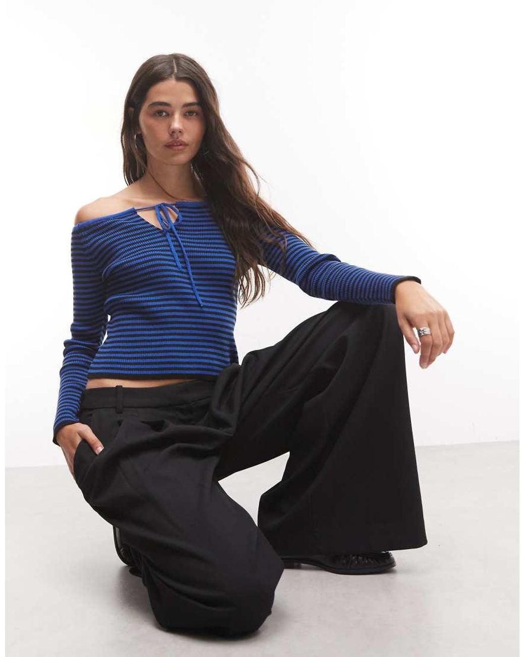 Collusion Blue Off The Shoulder Long Sleeve Cut Out Knitted Top