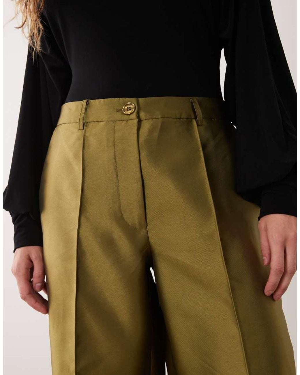 Vila Green Wide Leg Seam Detail Satin Trousers