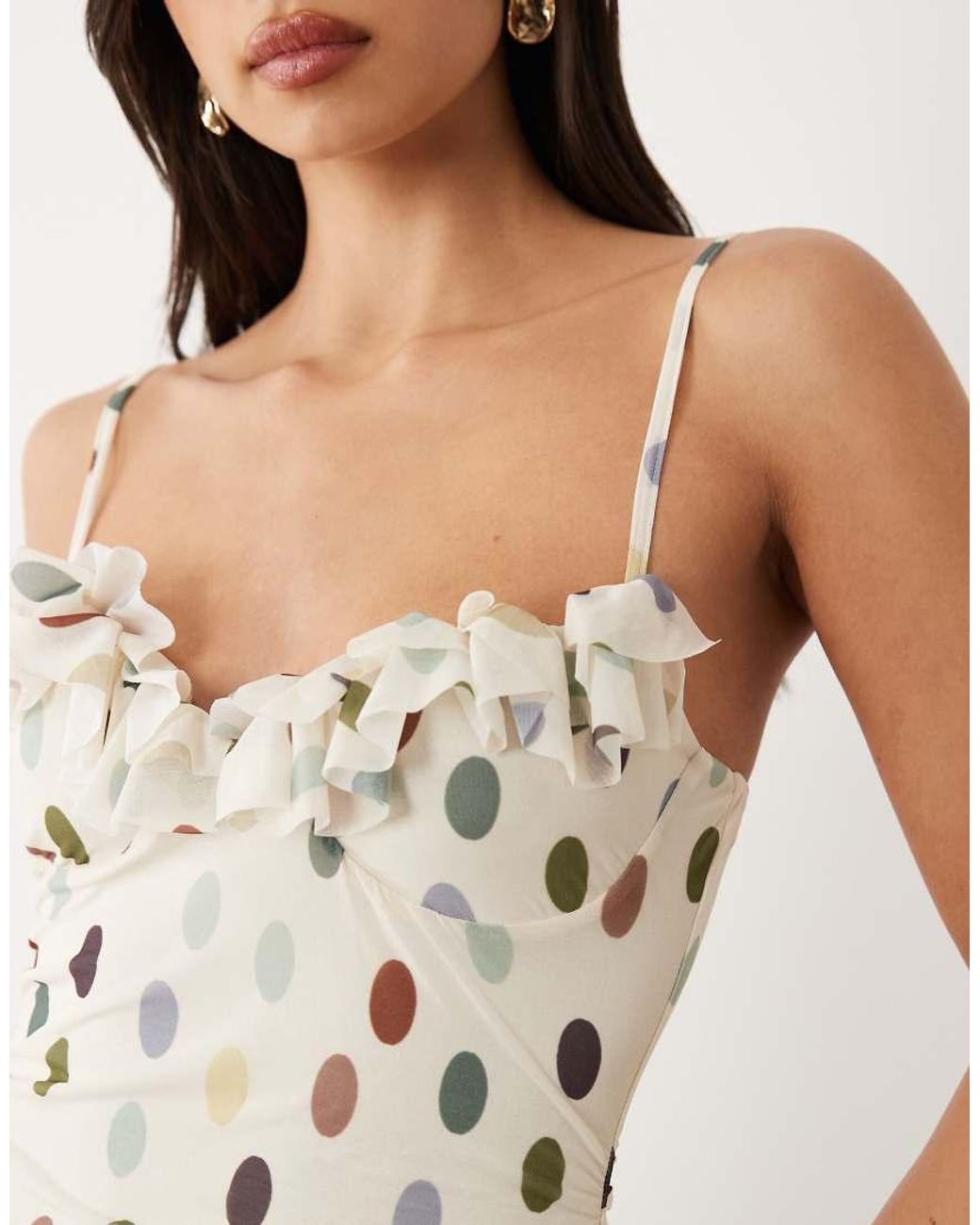 ASOS Natural Printed Polka Dot Stretch Chiffon Midi Dress With Frill Bust Detailing