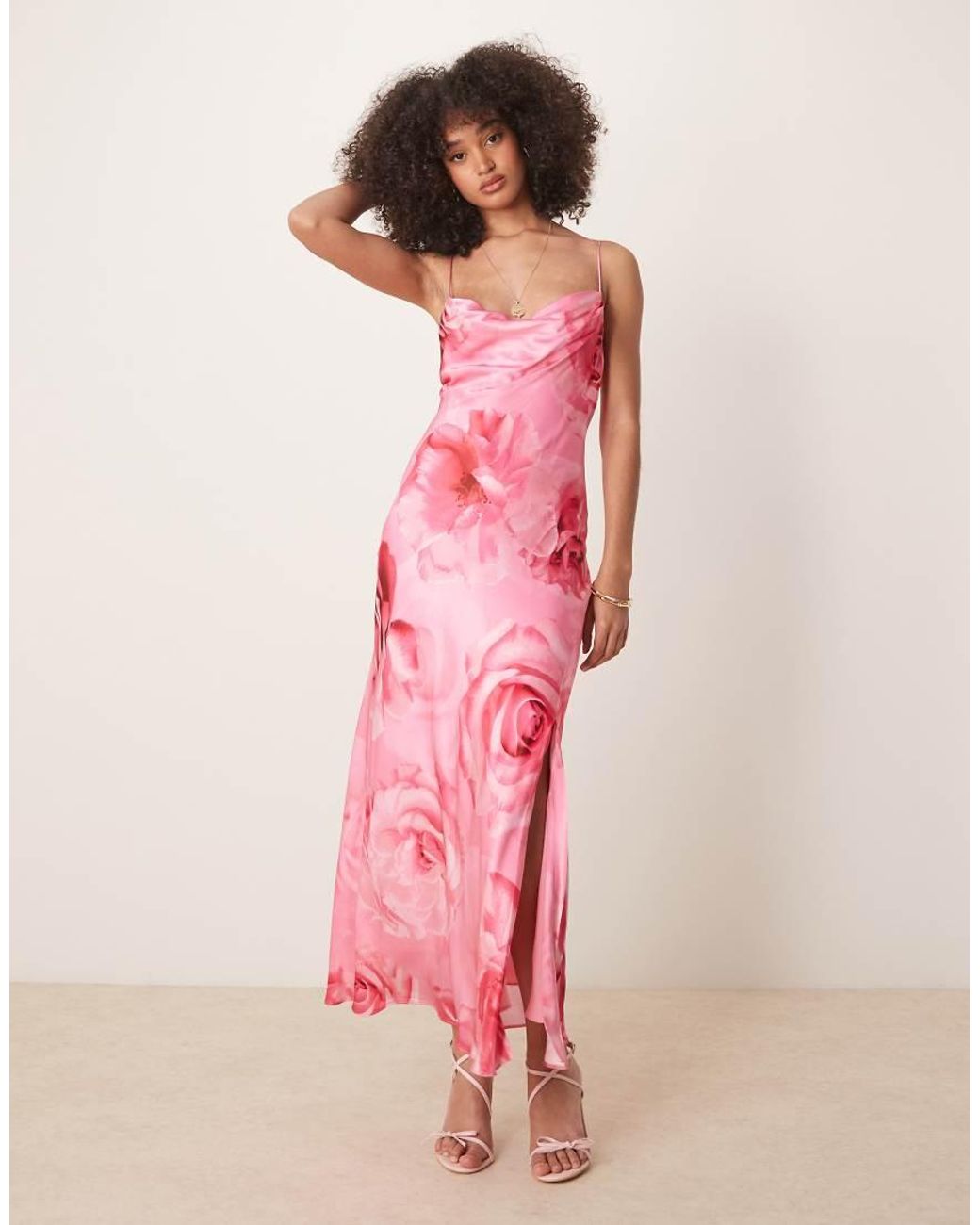 Forever New Oversized Rose Print Satin Slip Maxi Dress in Pink | Lyst UK