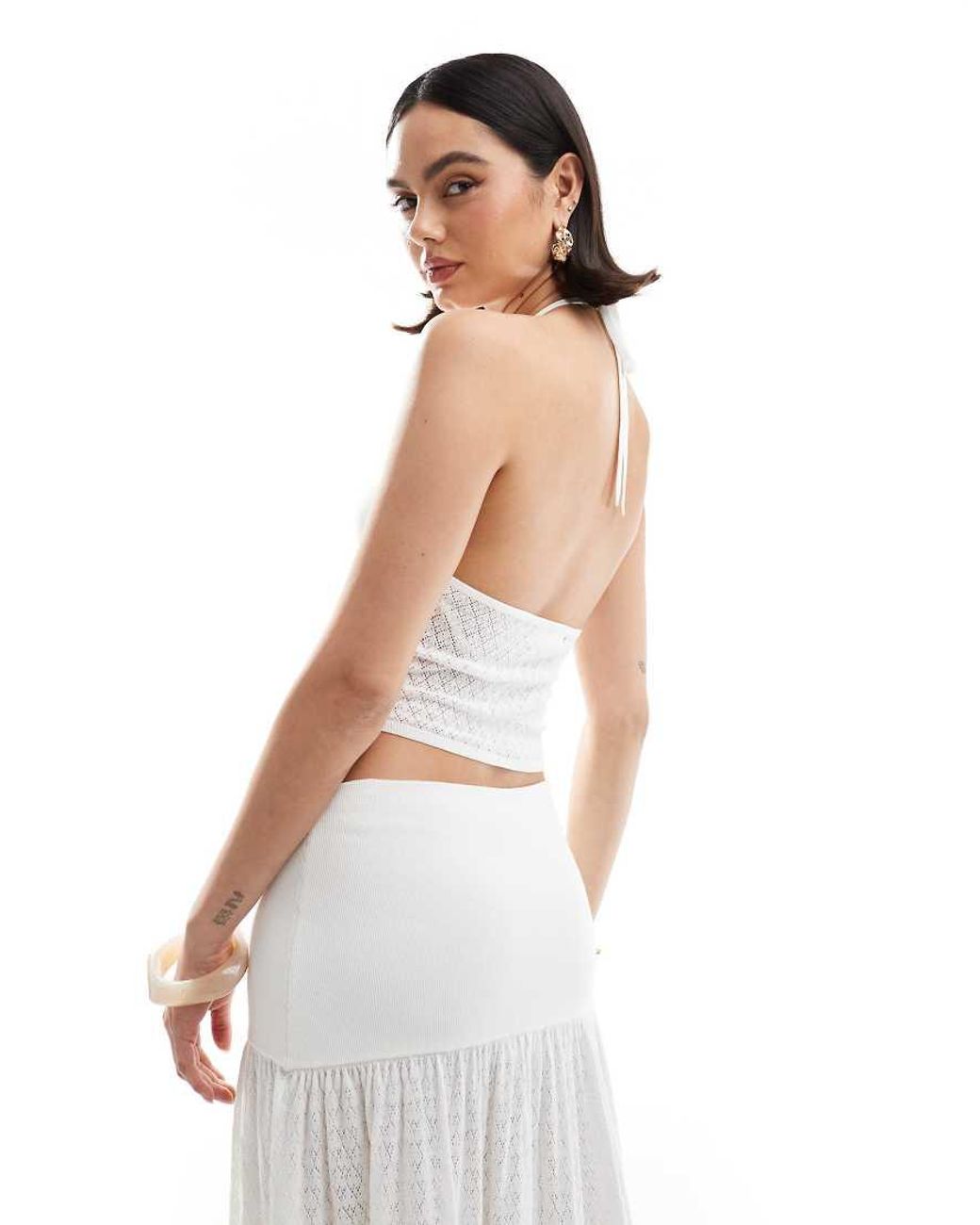 4th & Reckless White Knitted Halterneck Tie Back Beach Cami Top