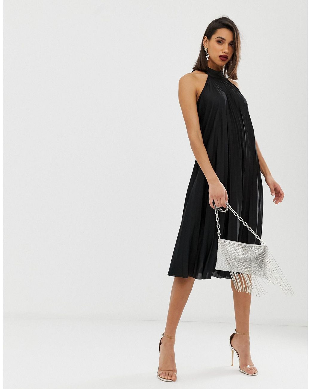 halter pleated midi dress