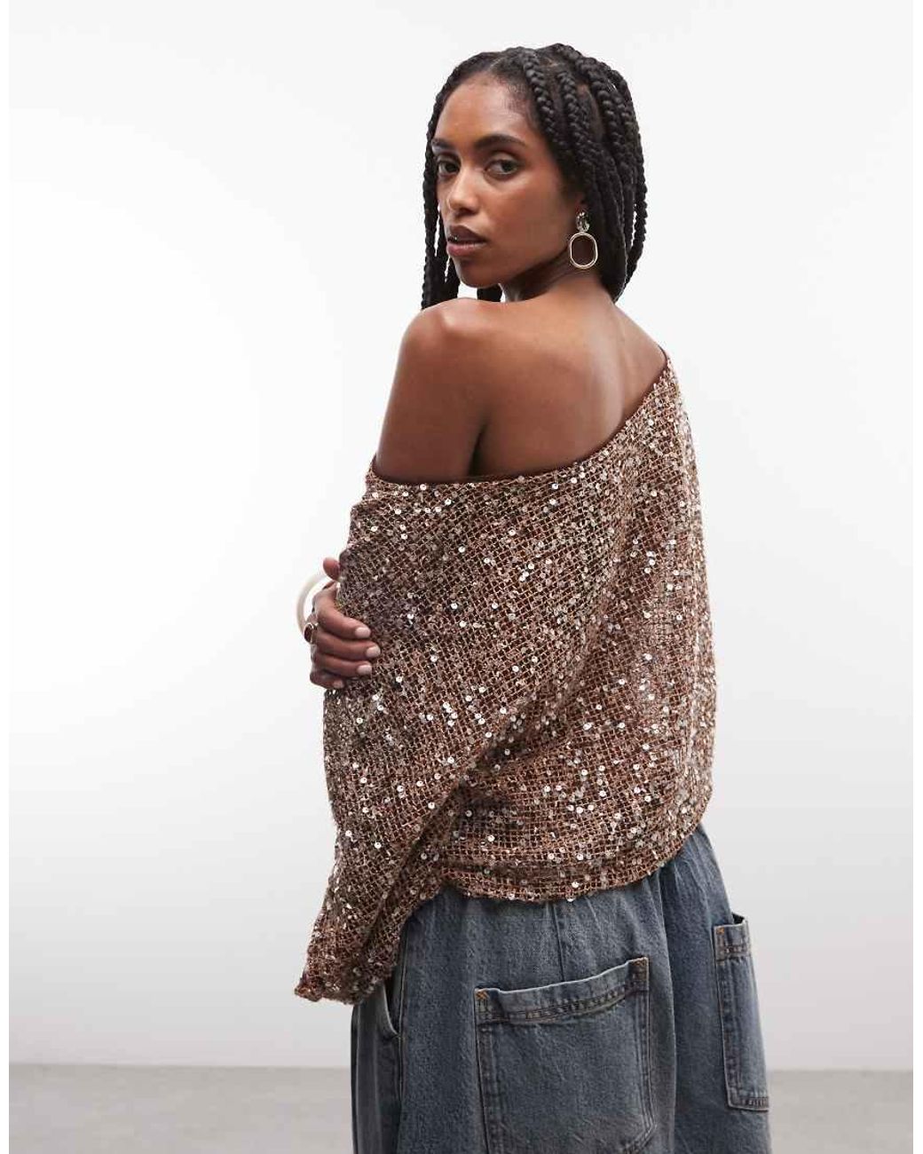 ASOS Brown Sheer Crochet Sequin Asymmetric Slouchy Cape Top