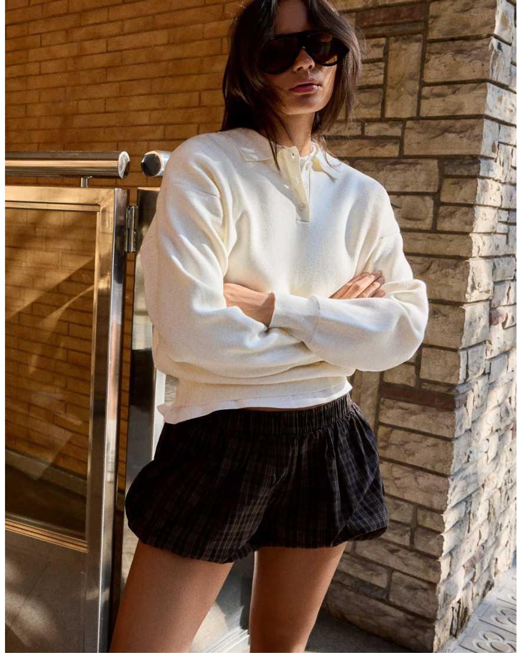 Bershka White Oversize Polo Collar Jumper