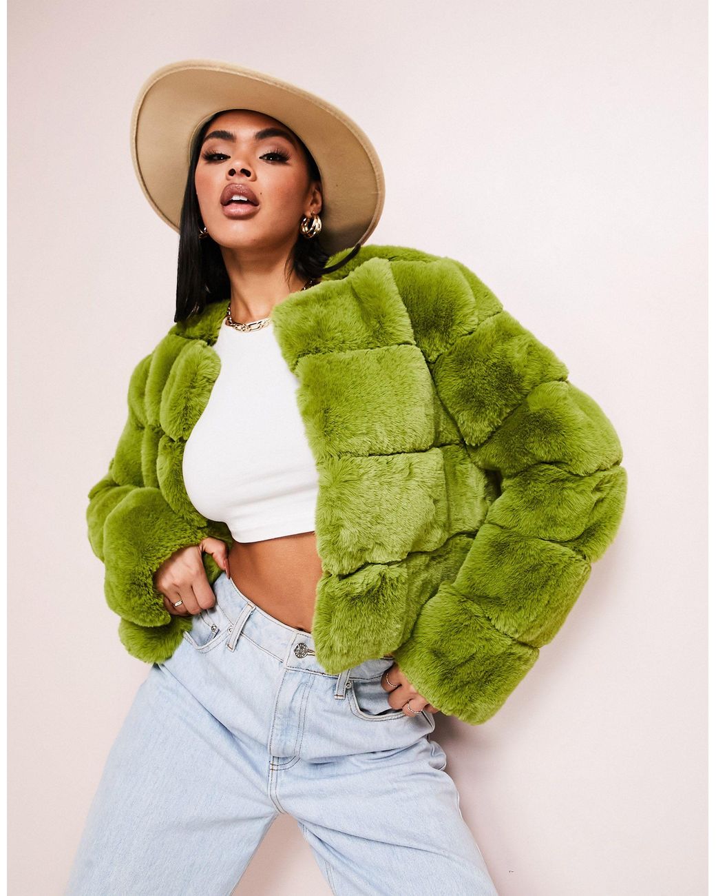 Green cropped fur jacket Clearance