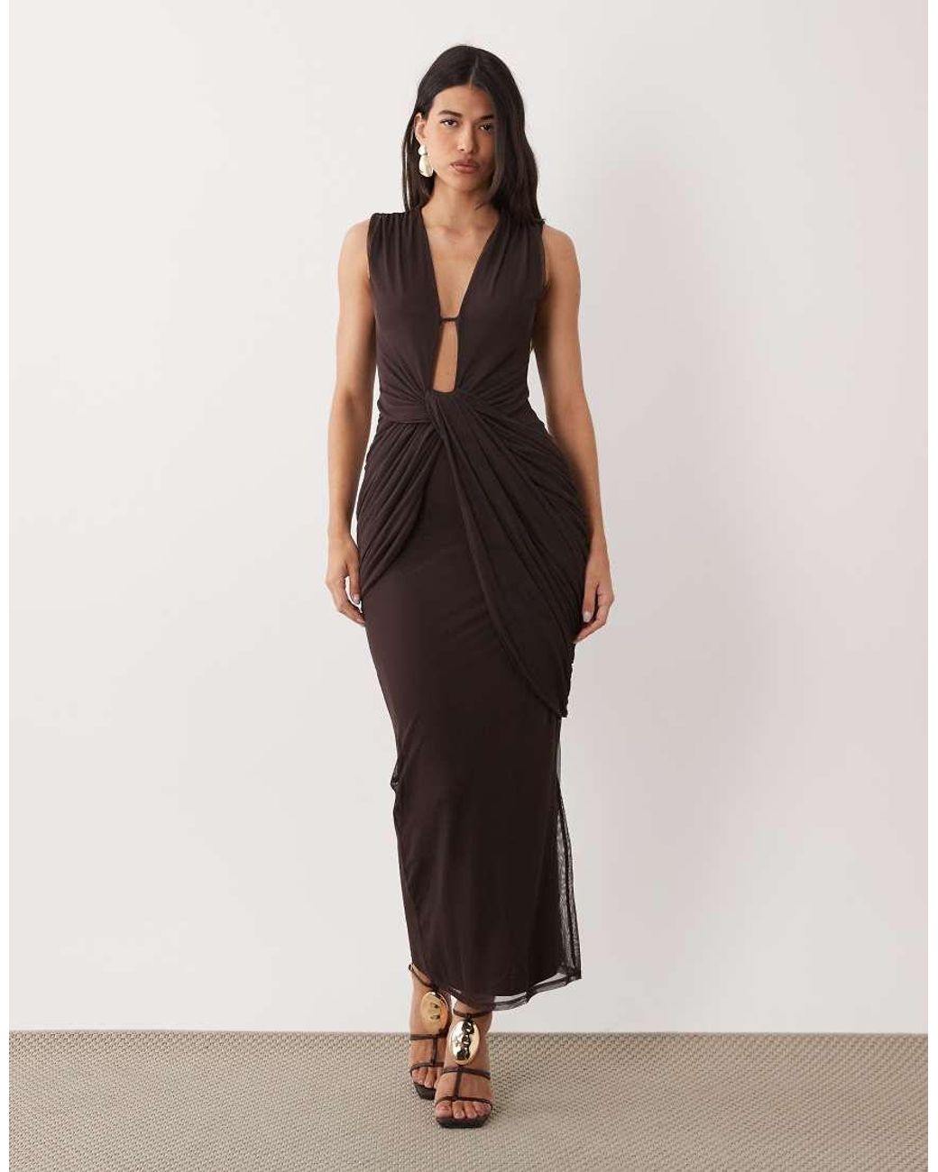 ASOS Brown Plunge Neck Gather Detail Mesh Maxi Dress