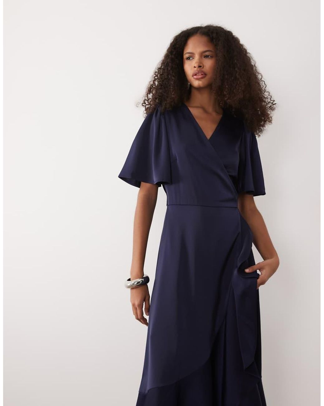 Y.A.S Blue Satin Midi Wrap Dress