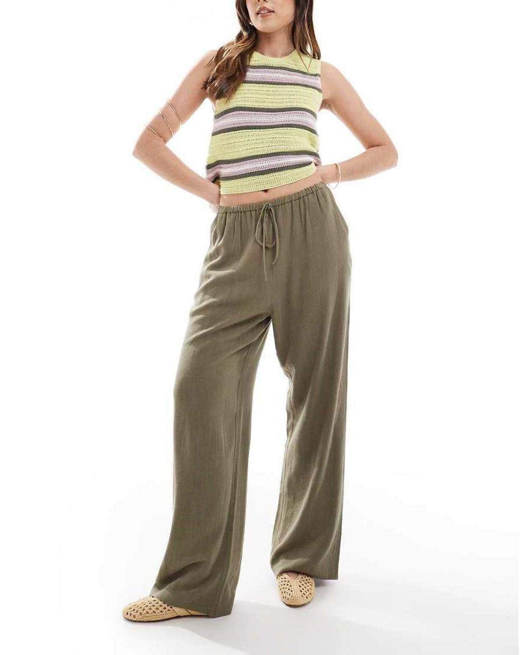 Miss Selfridge Green Linen Drawstring Waist Wide Leg Trousers