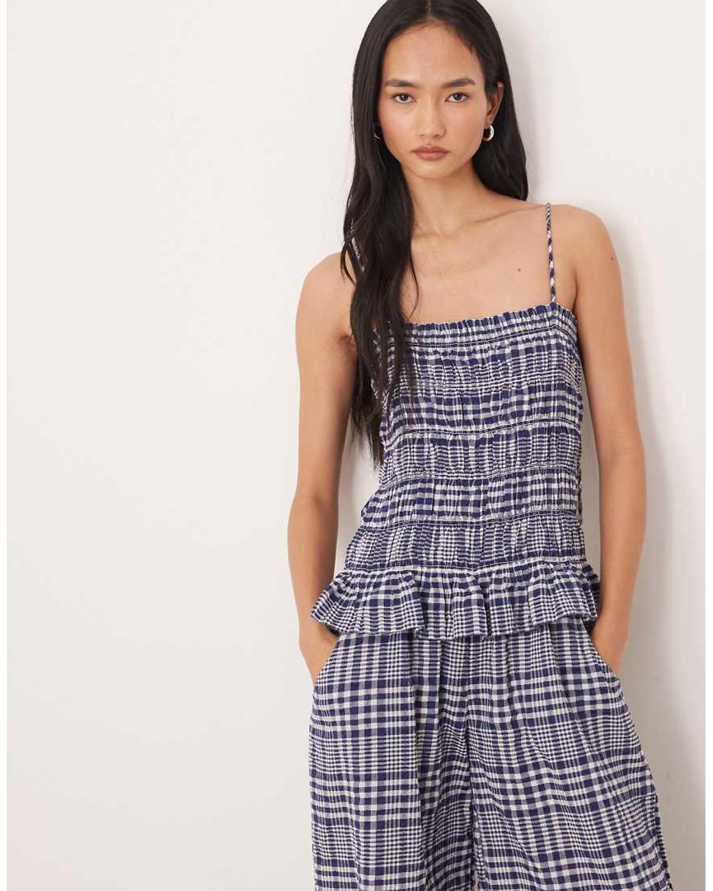 ASOS Blue Shirred Peplum Jumpsuit