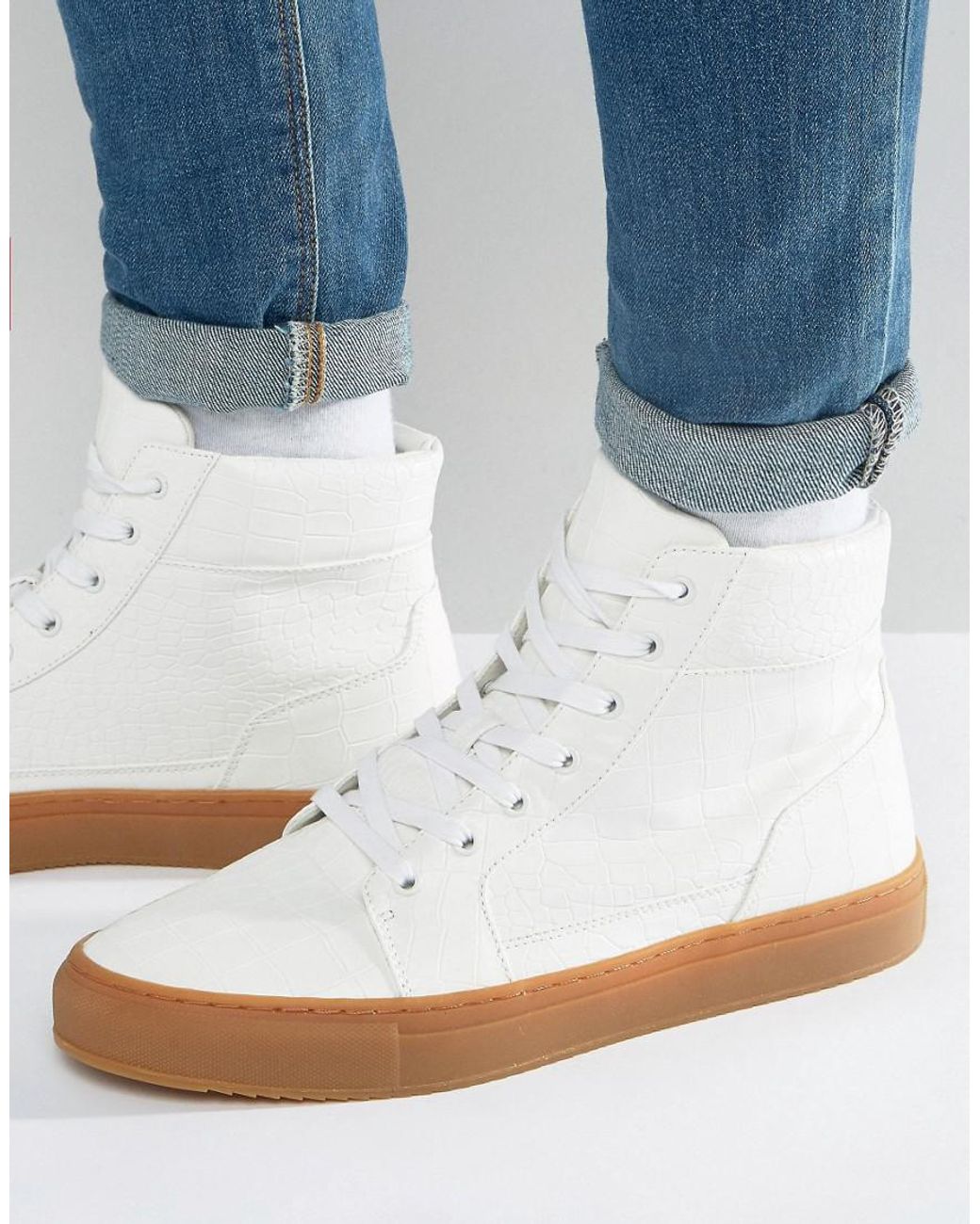 asos white high top sneakers in white with gum sole
