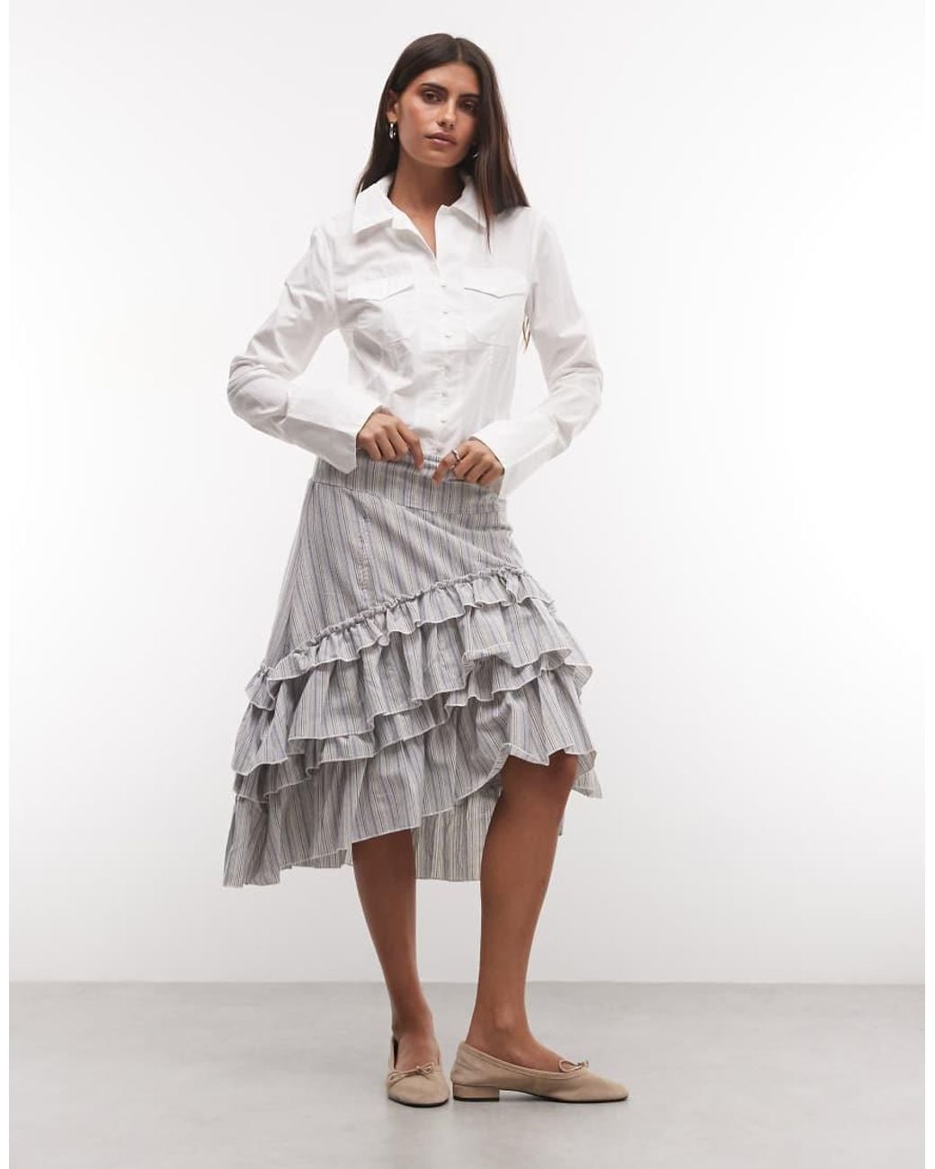 Daisy Street White Low Rise Midi Skirt With Ruffle Detailing