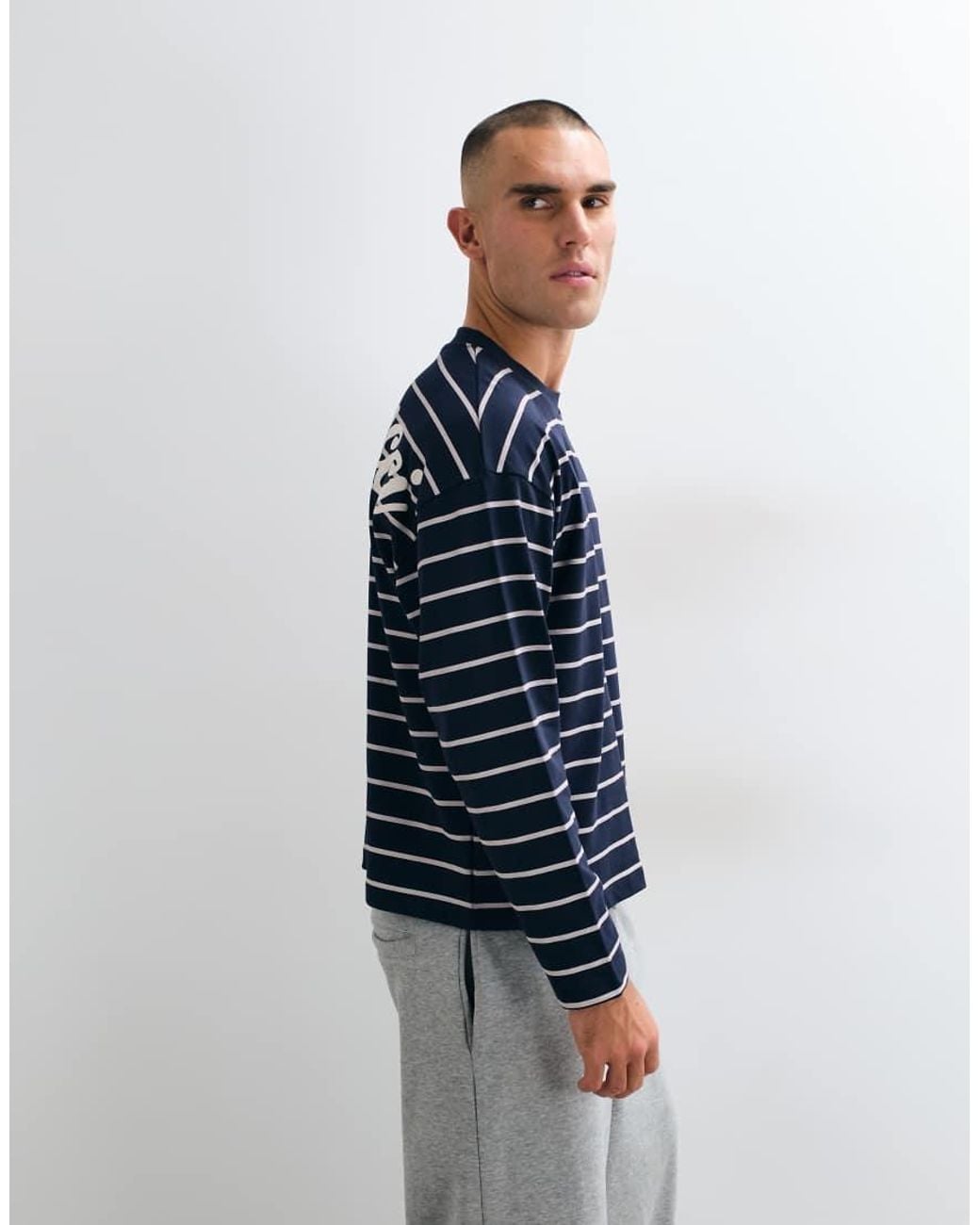 CERNUCCI Blue Long Sleeve Stripe T-shirt With Logo Back Print for men