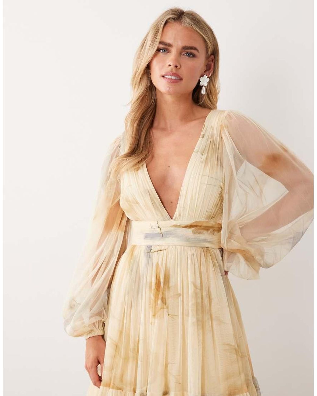 LACE & BEADS Natural Long Sleeve Maxi Dress