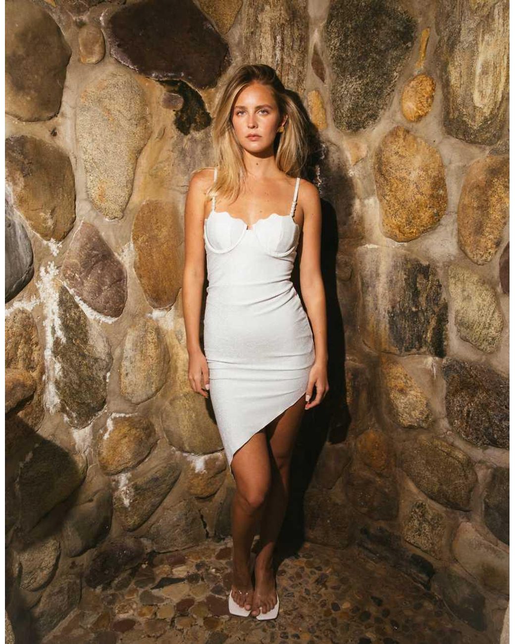South Beach Natural Scallop Glitter Asymmetric Dress