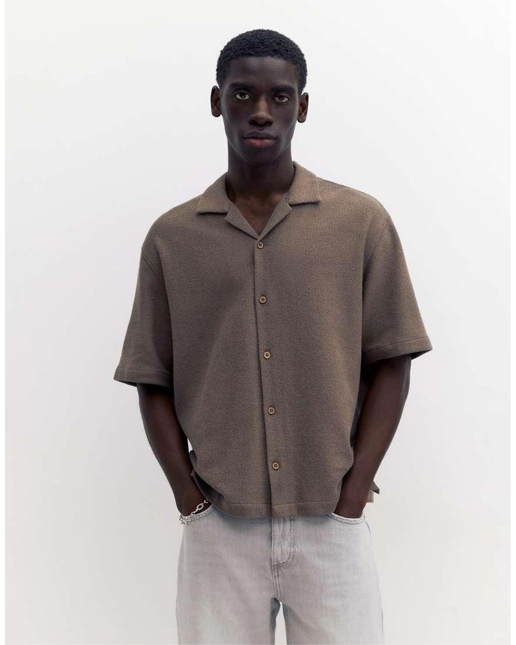 Pull&Bear Brown Terrycloth Short Sleeve Shirt for men