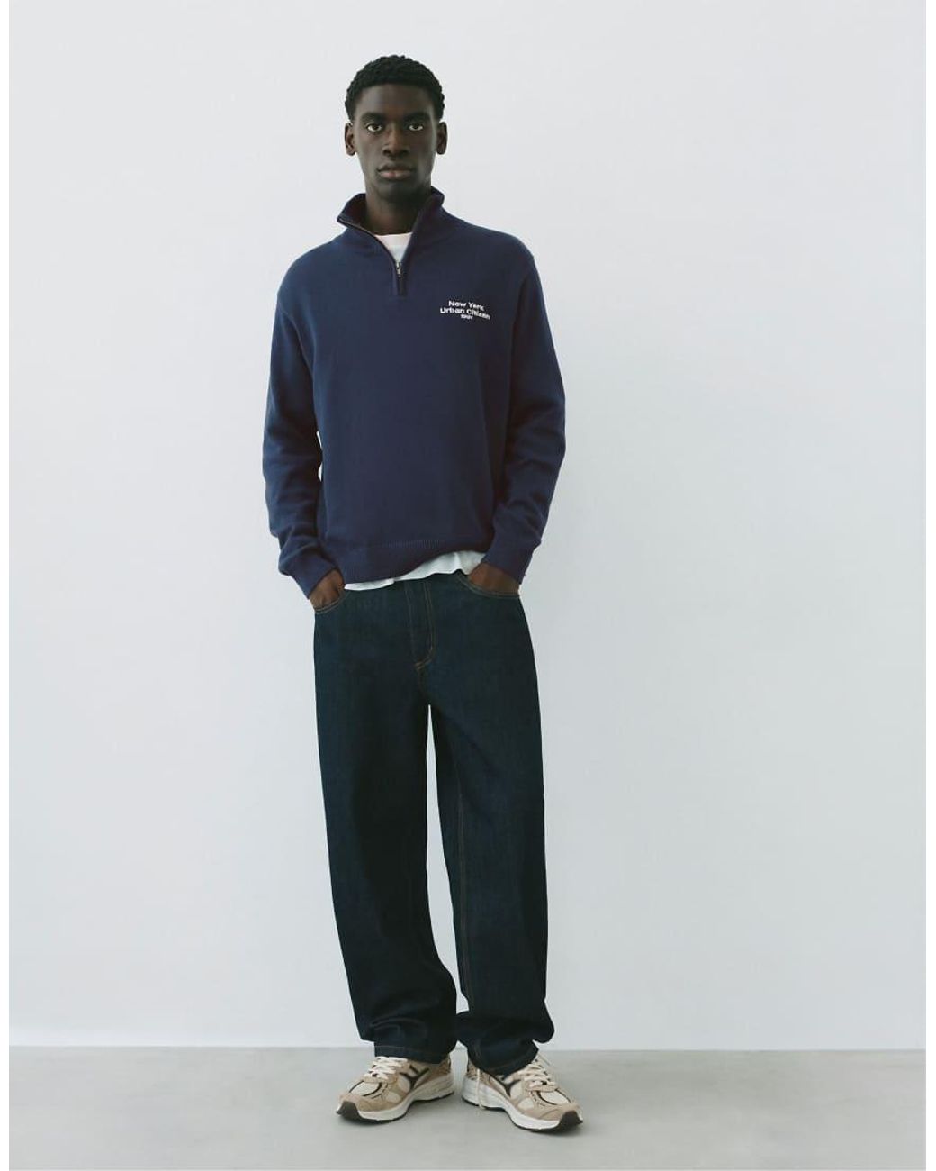 Pull&Bear Blue Embroidered Quarter-zip Sweatshirt for men