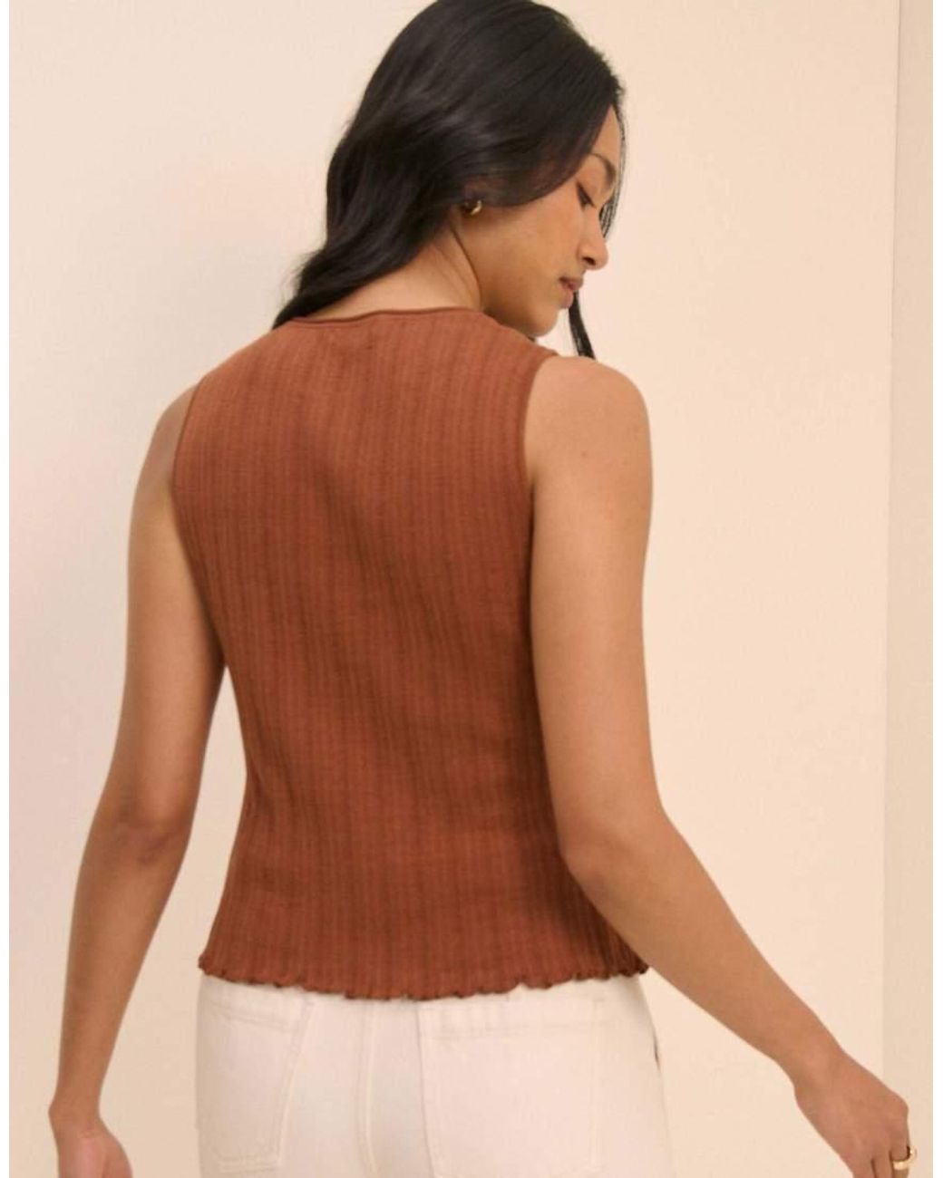 Nobody's Child Brown Rib And Ruffle Sheer Knit Vest
