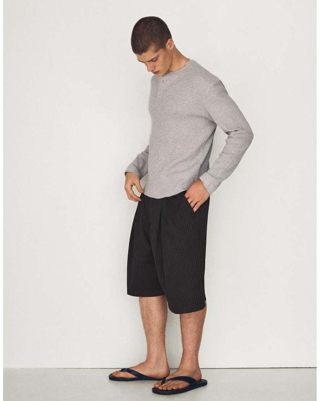 Bershka Gray Slim Fit Long Sleeve Henley T-Shirt for men