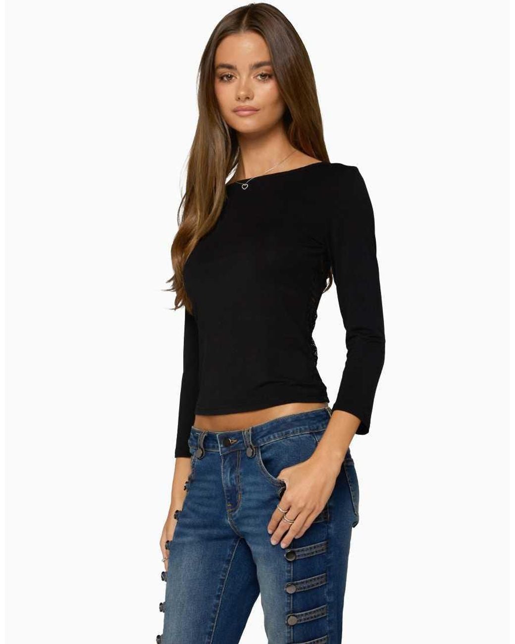 Edikted Blue Bailie Lace Back Three-Quarter Sleeve Top