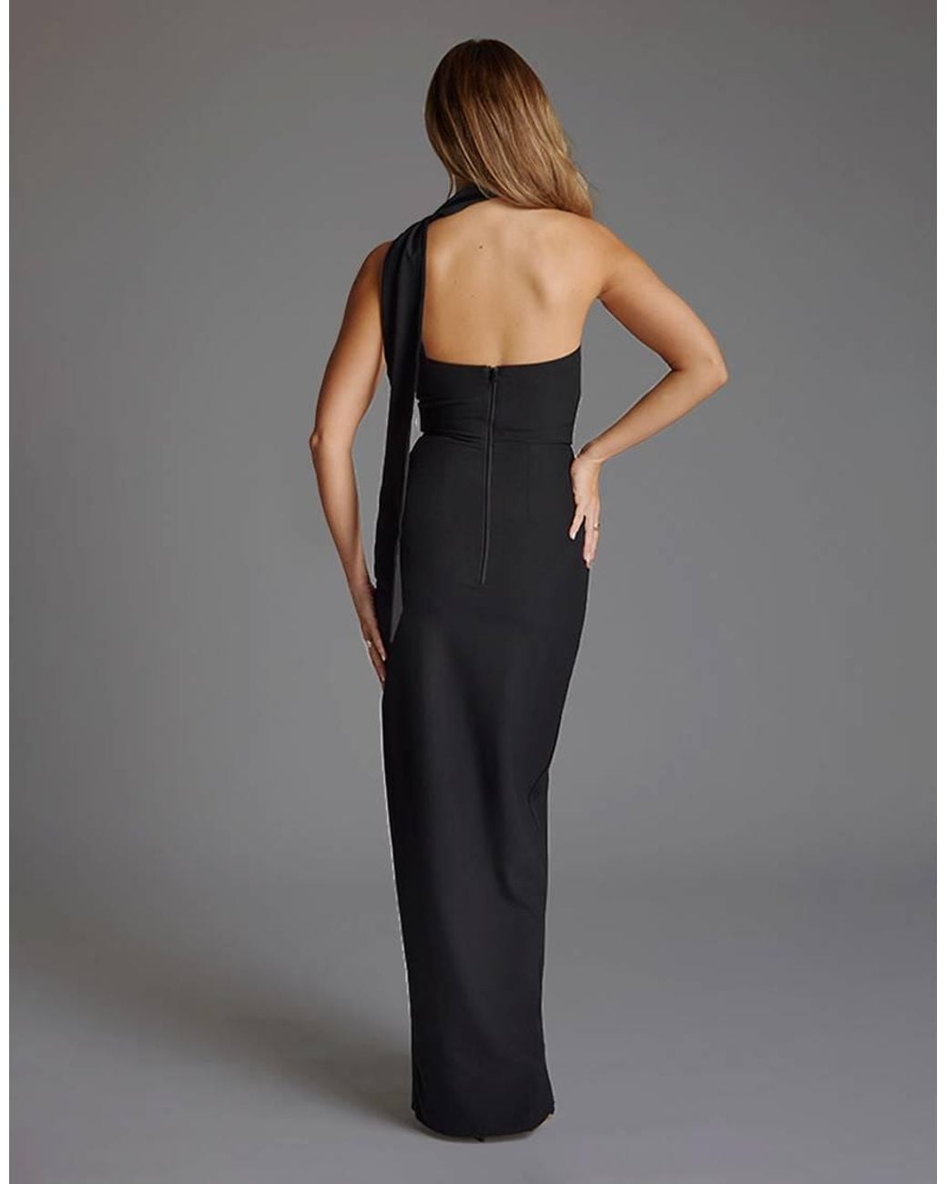 Vesper Gray Scarf Detail One Shoulder Maxi Dress