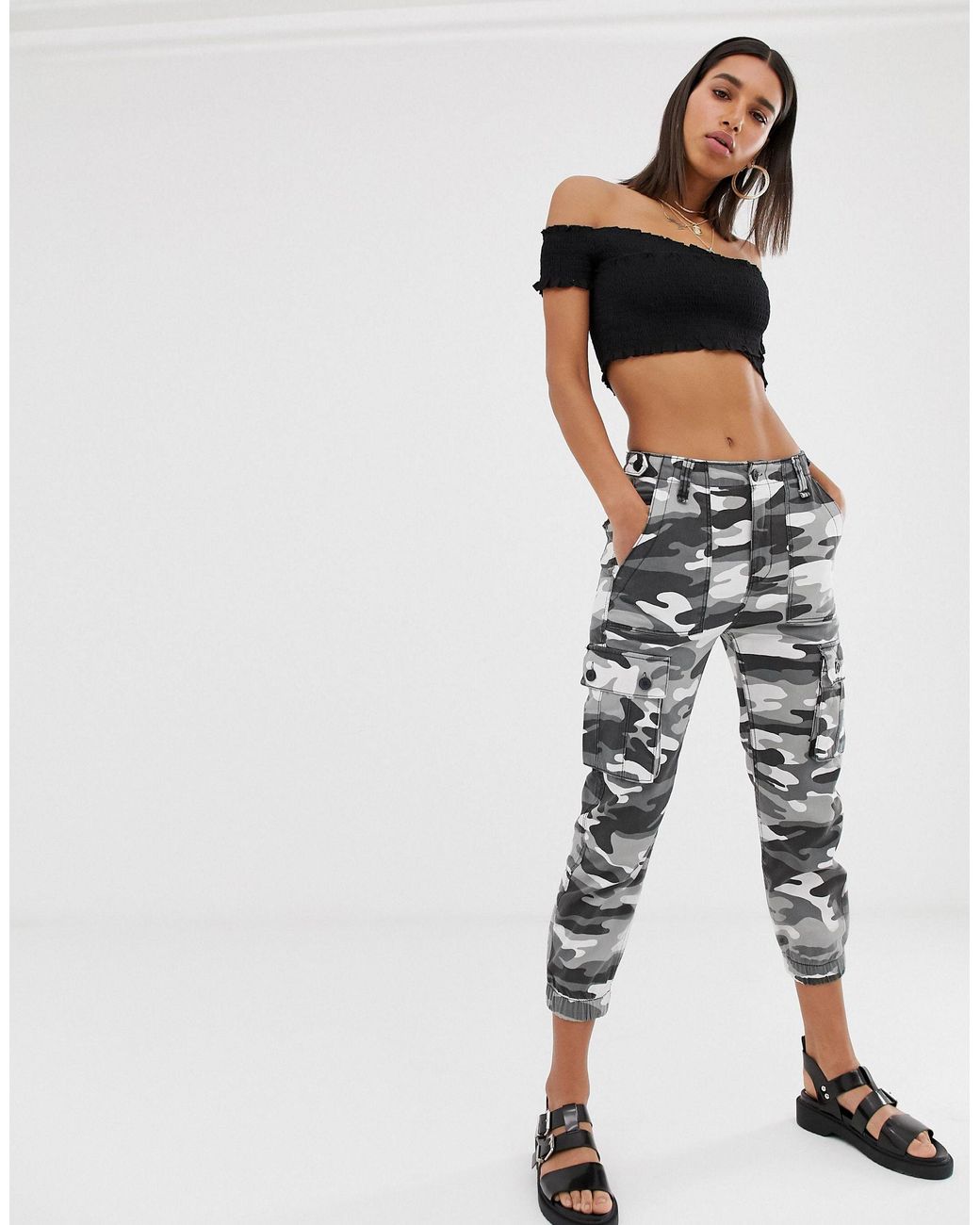 Bershka Camo Utility Cargo Trousers in Grey Lyst UK