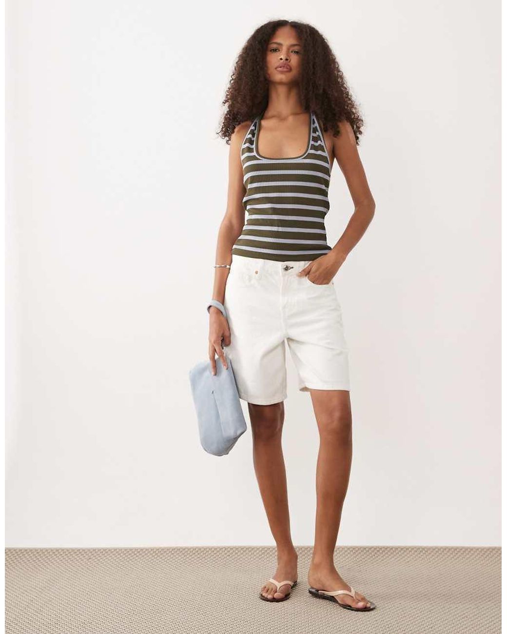 Top Allacciato Al Collo Verde E Blu A Righe Con Profili A Contrasto di ASOS in Multicolor