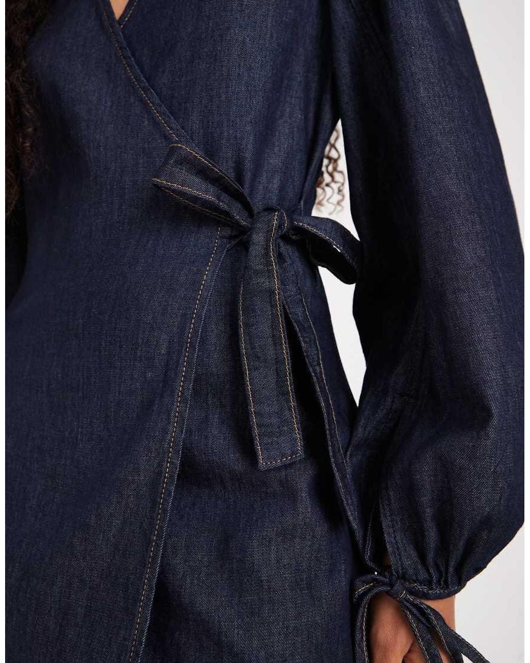 ASOS Blue Denim Wrap Mini Dress With Balloon Sleeve