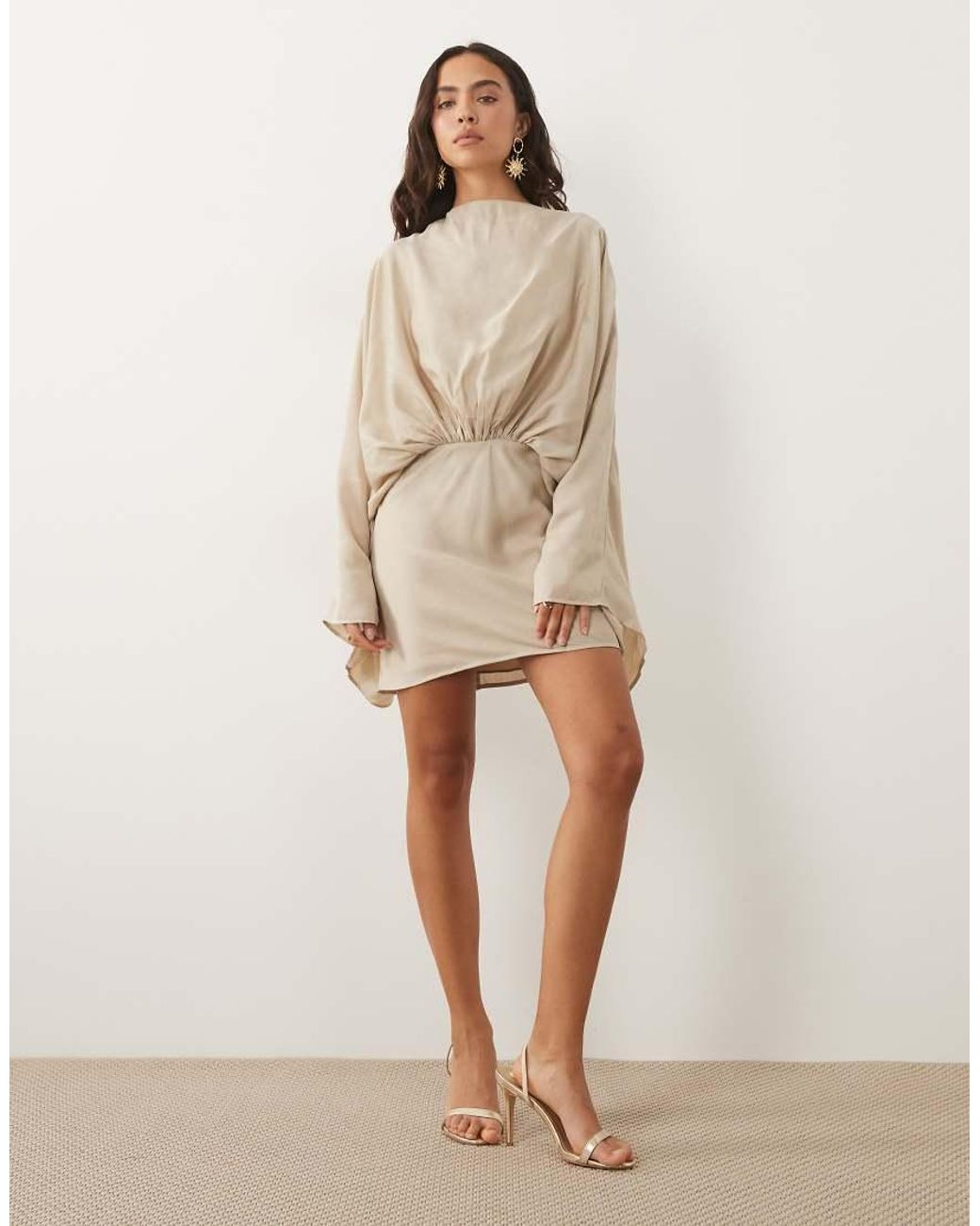 ASOS Natural Cape Sleeve Open Back Mini Dress With Tassels
