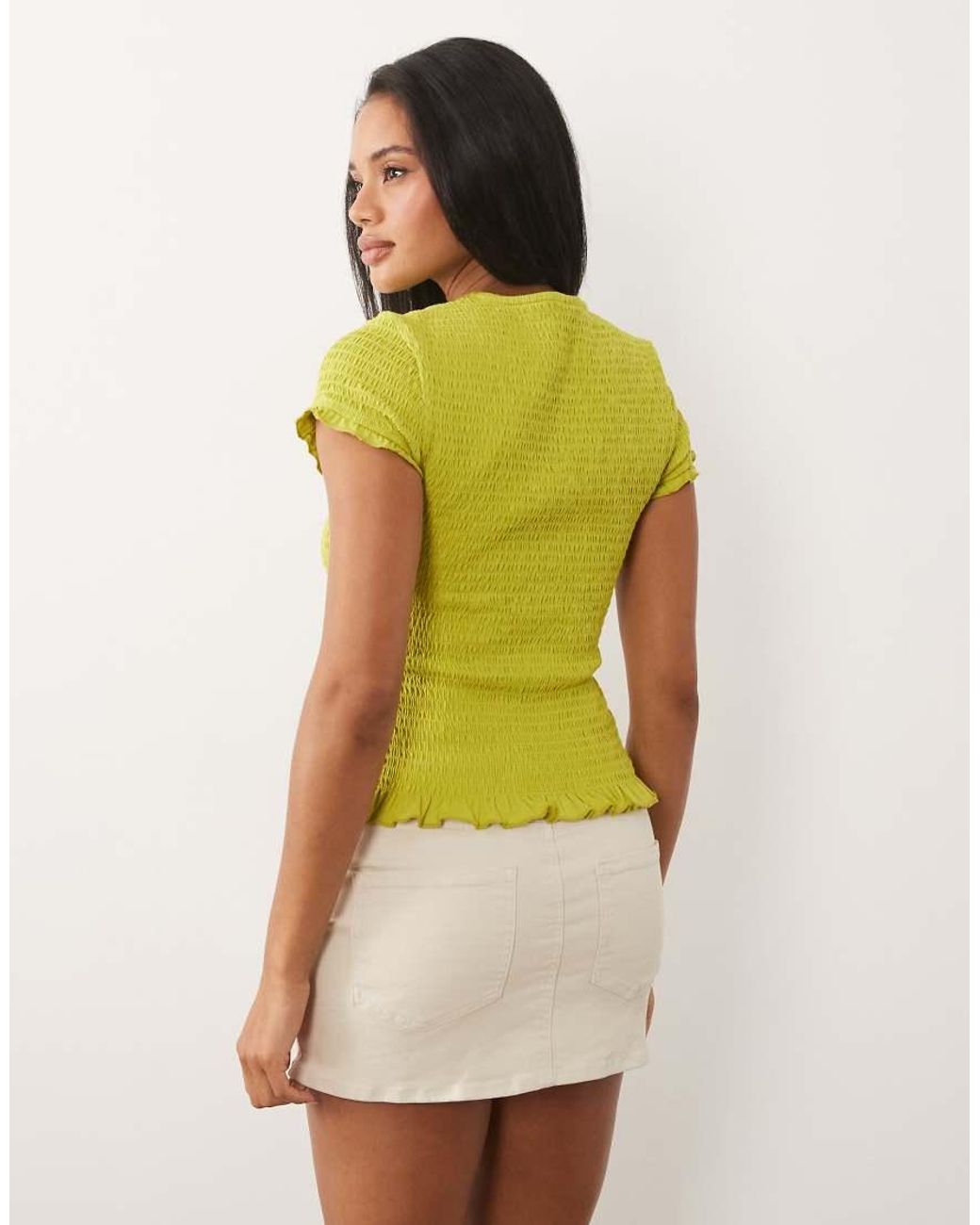 ASOS Yellow Cotton Shirred Button Down Short Sleeve Top