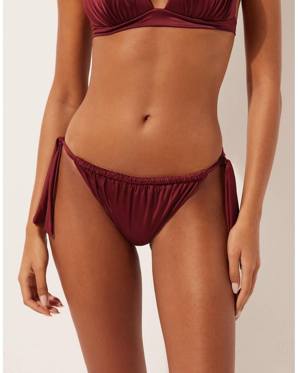 Calzedonia Brown Shiny Satin Side-Tie Brief Bikini Bottoms