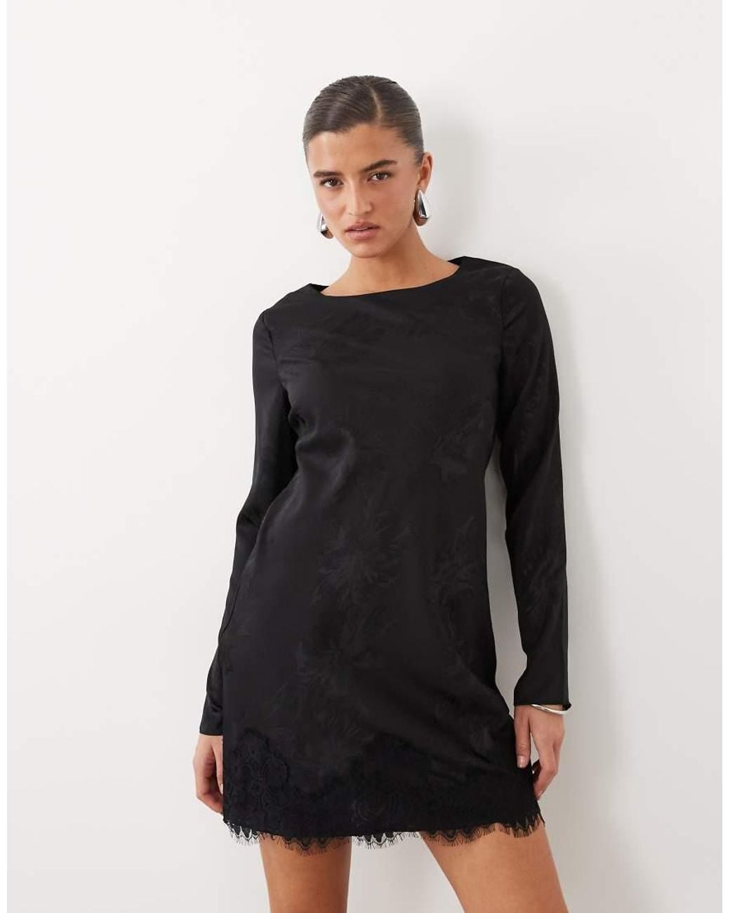 New Look Black Satin Jacquard Lace Trim Mini Dress
