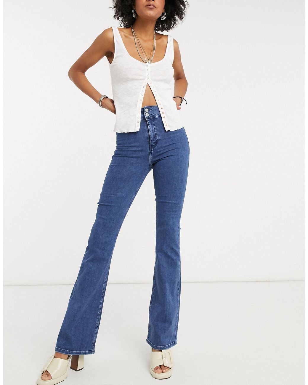 TOPSHOP Denim Flared Jeans in Blue | Lyst