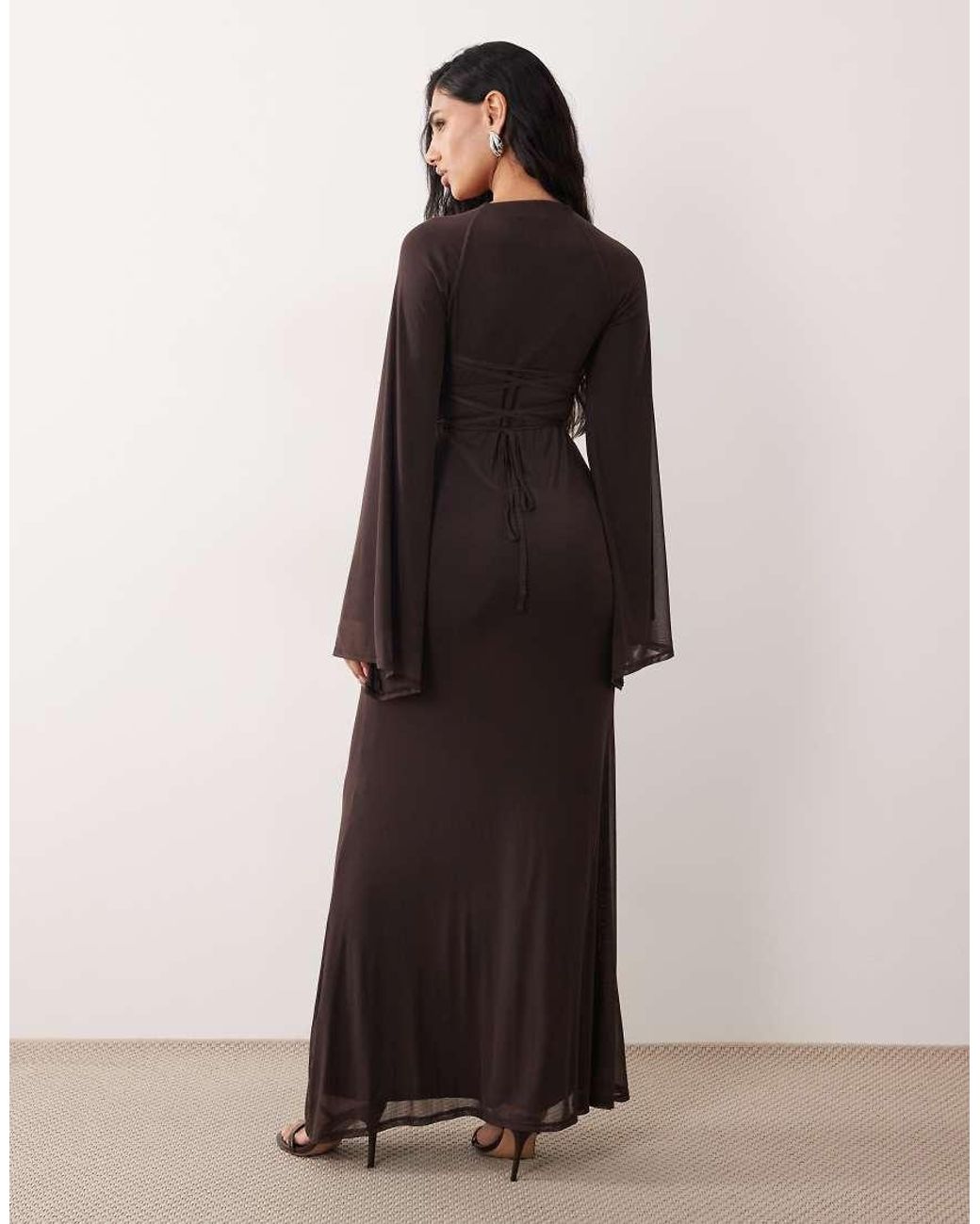 ASOS Brown Mesh Flute Sleeve Corset Detail Maxi Dress