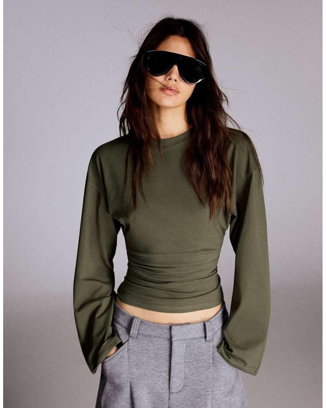 Bershka Brown Ruched Long Sleeve T-shirt