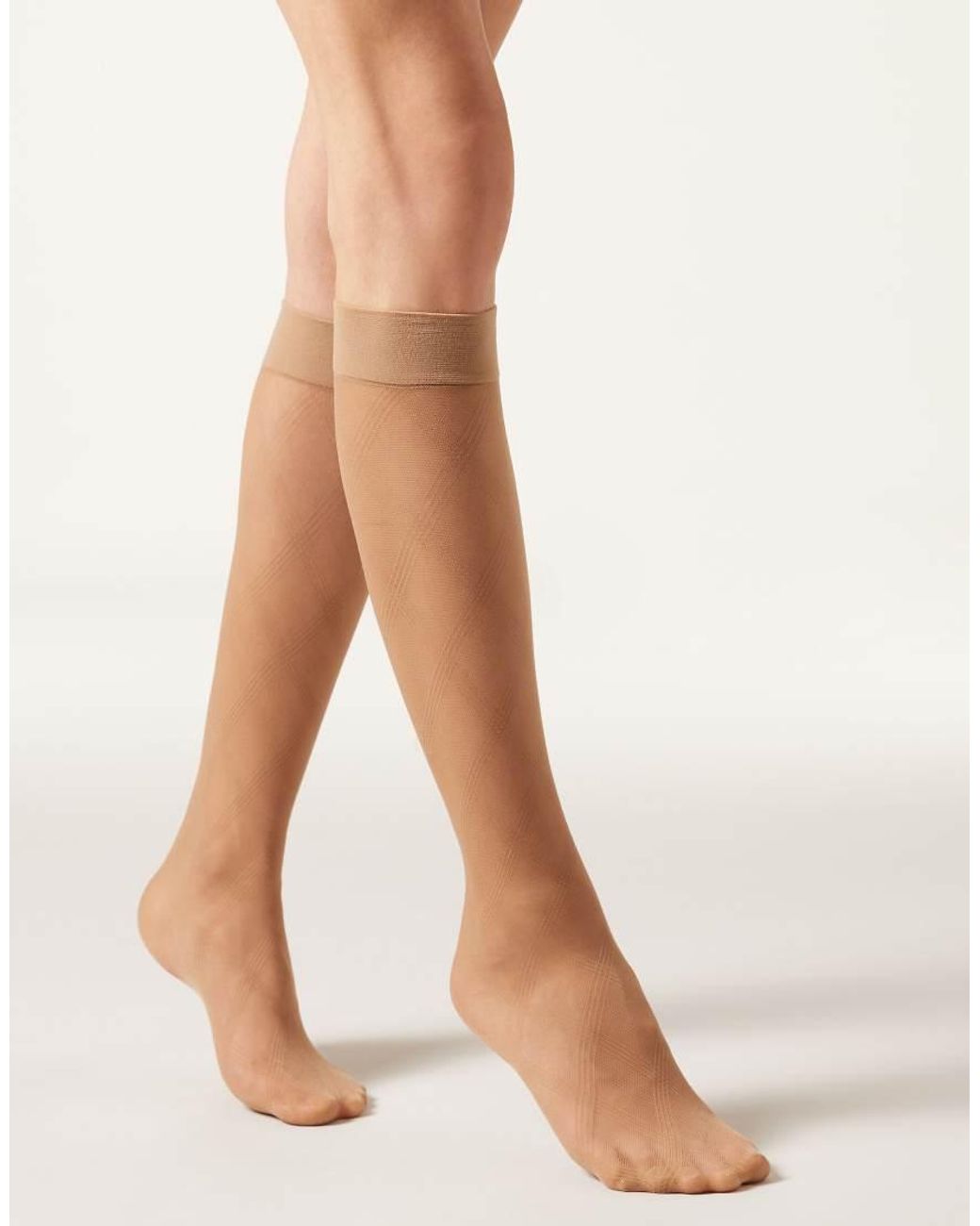 Calzedonia White Diamond-Pattern Sheer Knee-High Socks