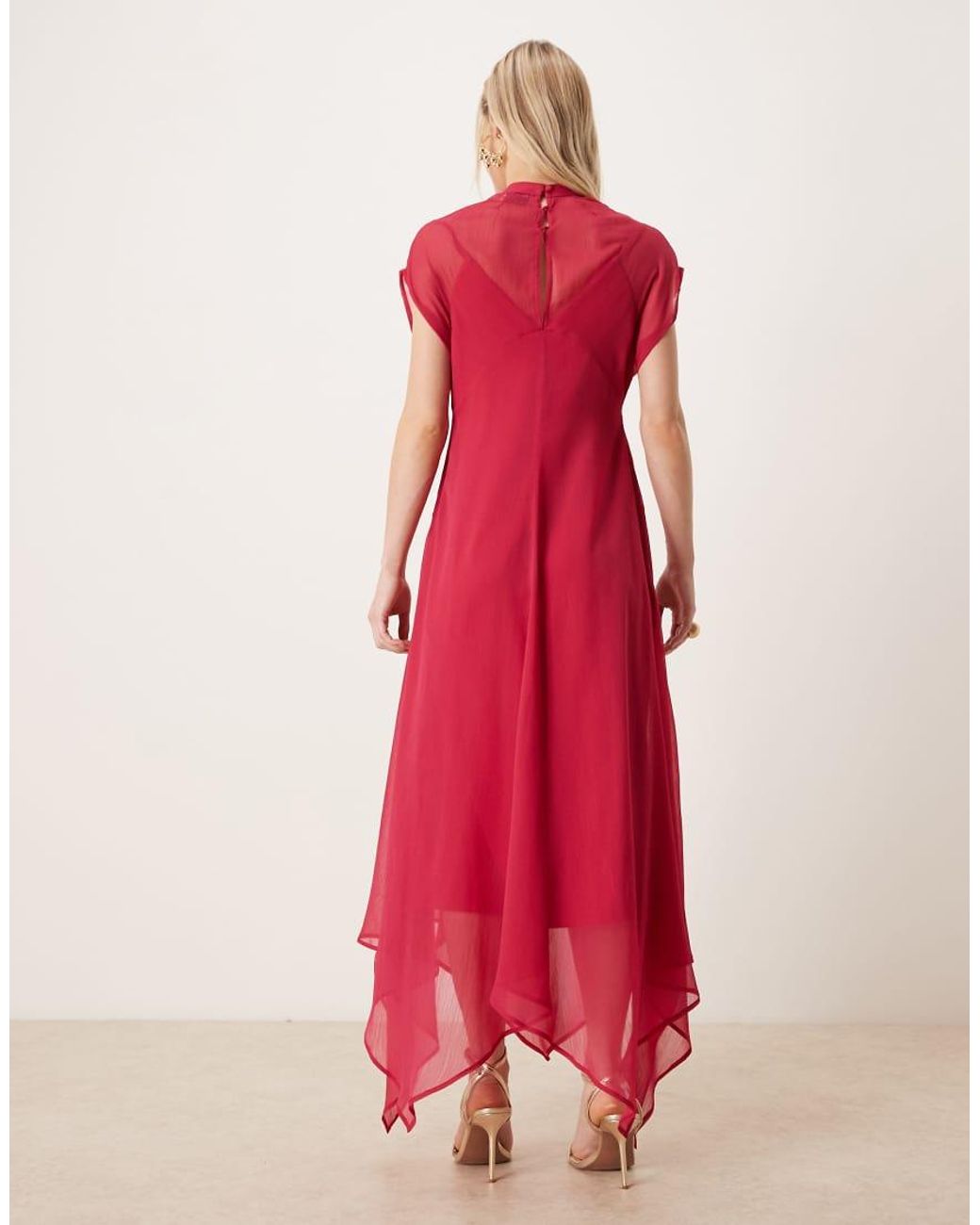 ASOS Red Asos Design Petite High Neck Hanky Hem Chiffon Maxi Dress