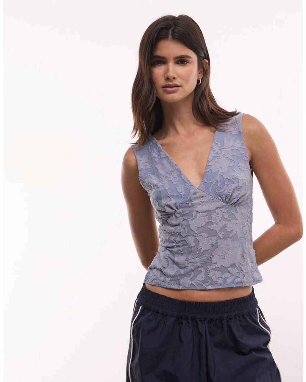 Reclaimed Vintage Blue Texture Burnout V Neck Top