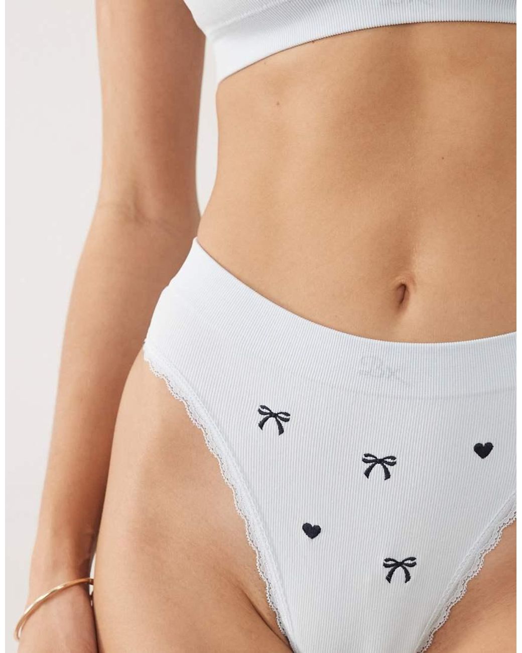 Boux Avenue White Lace Trim High Leg Embroidered Bow Thong
