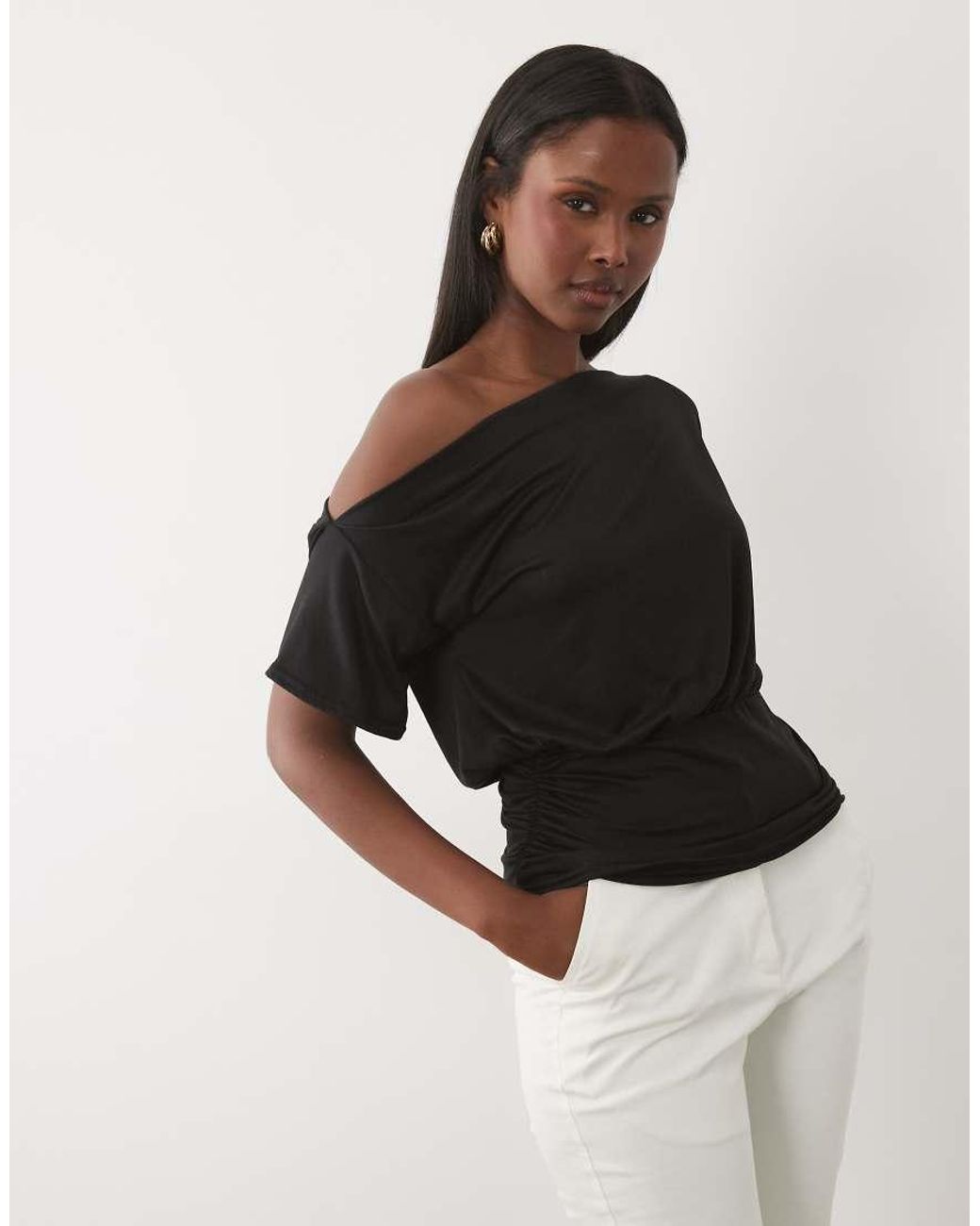 Missy Empire Black Soft Touch Off Shoulder Cinch Fitted Waist Top