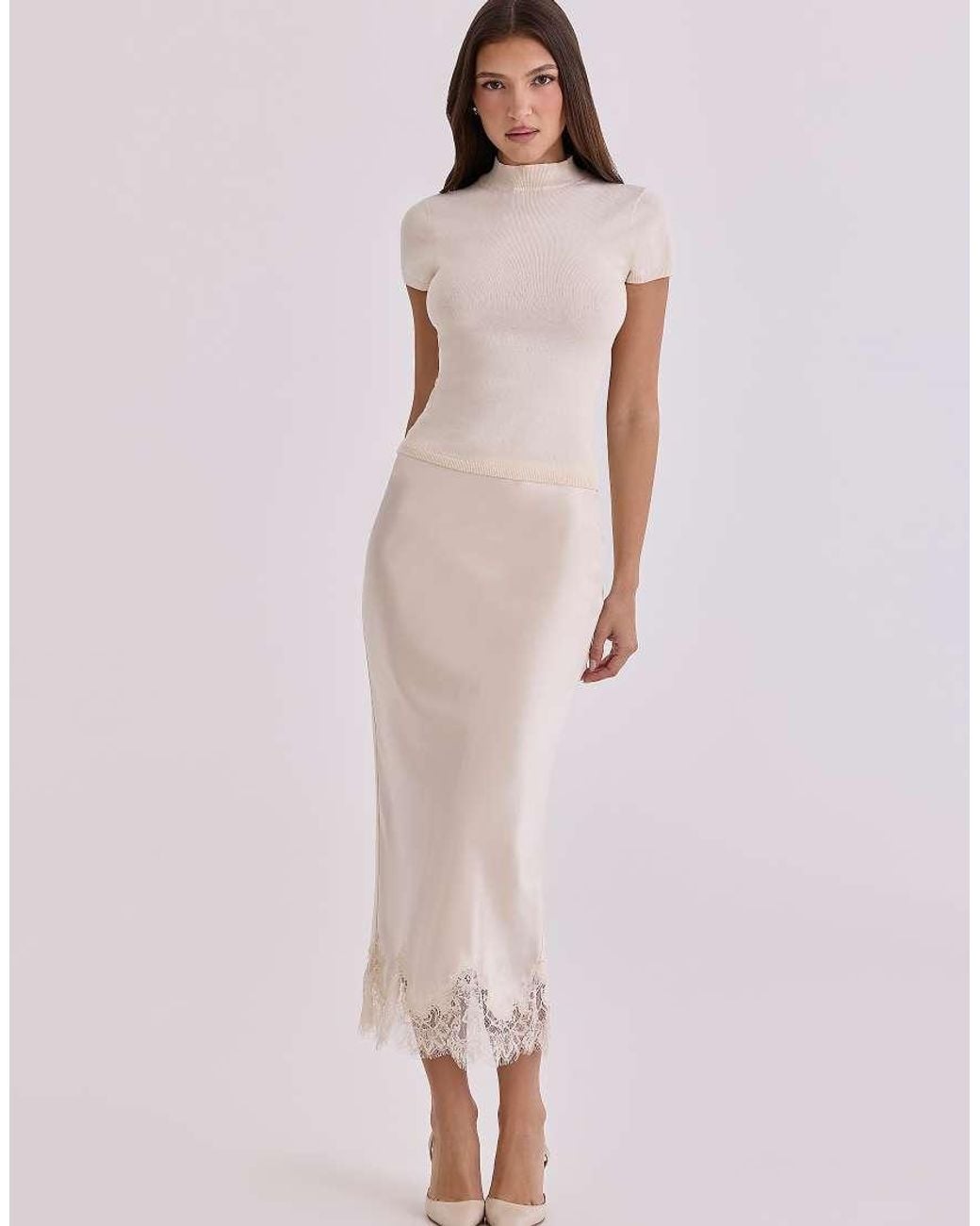 House Of Cb Natural Tamra Ivory Cotton Short Sleeve Top