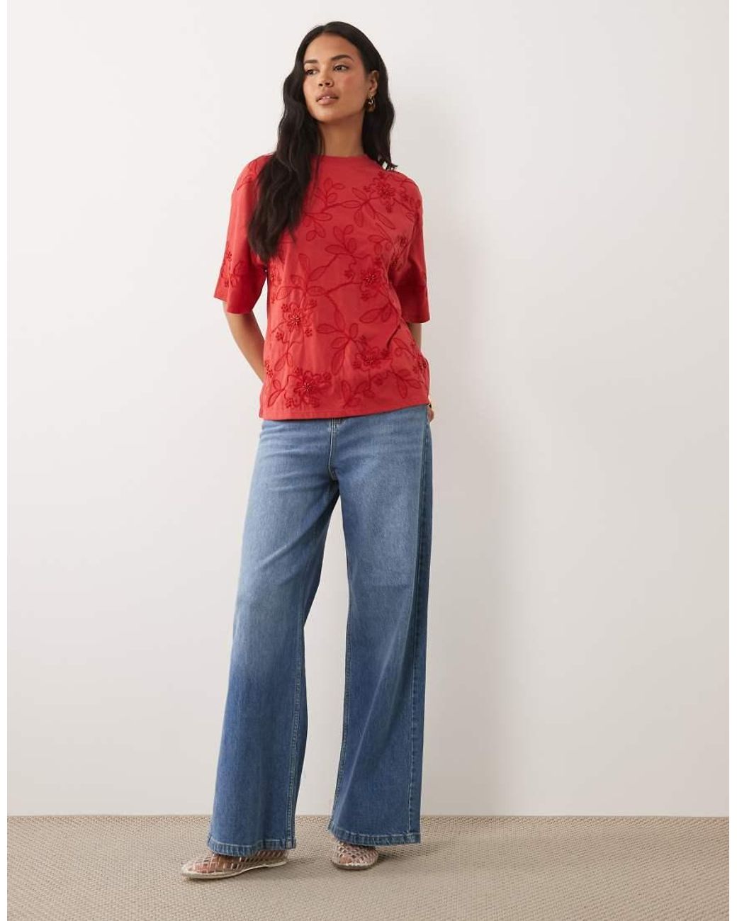 ASOS Red Boxy Tee With Embellished Beaded Flowers